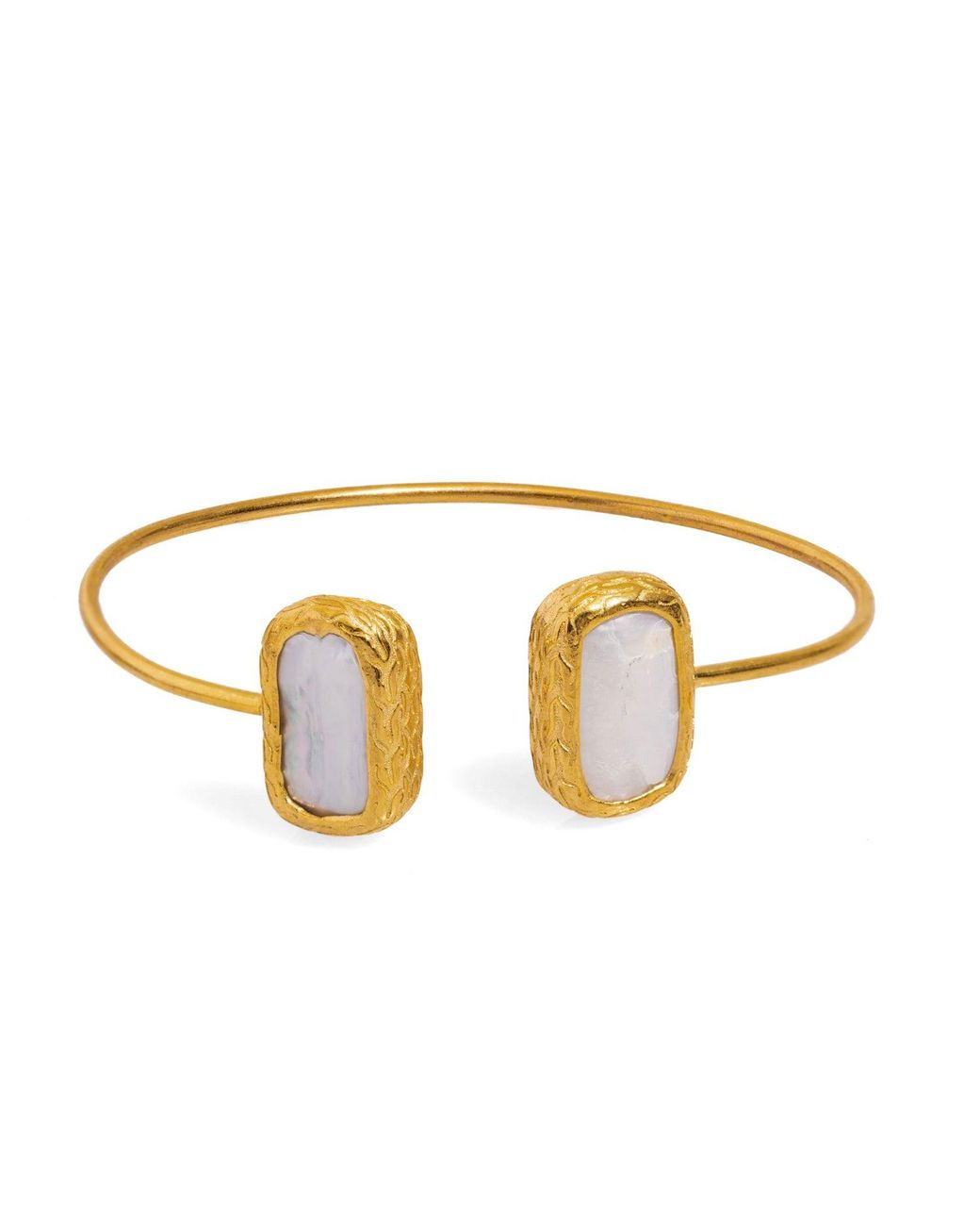 Ebru Jewelry Metallic Double Pearl Stone Open Cuff Bangle Bracelet