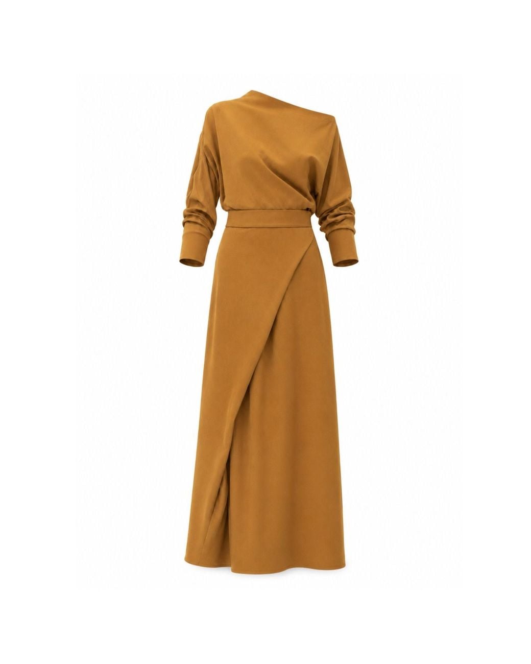 Julia Allert Brown Draped Boat-Neck Blouse & Wrap Midi Skirt Set – Mustard