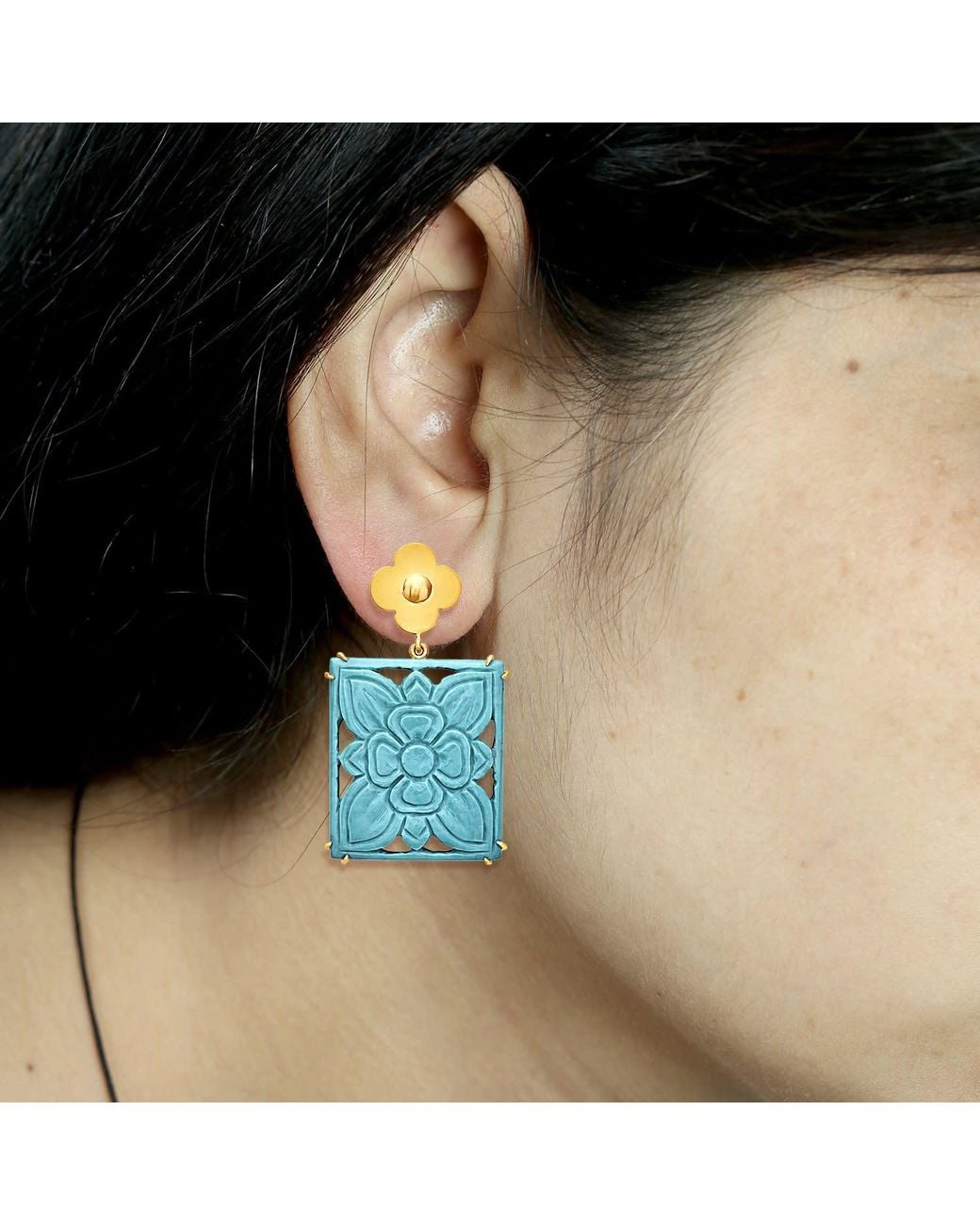 Artisan Blue Carved Floral Drop Earrings
