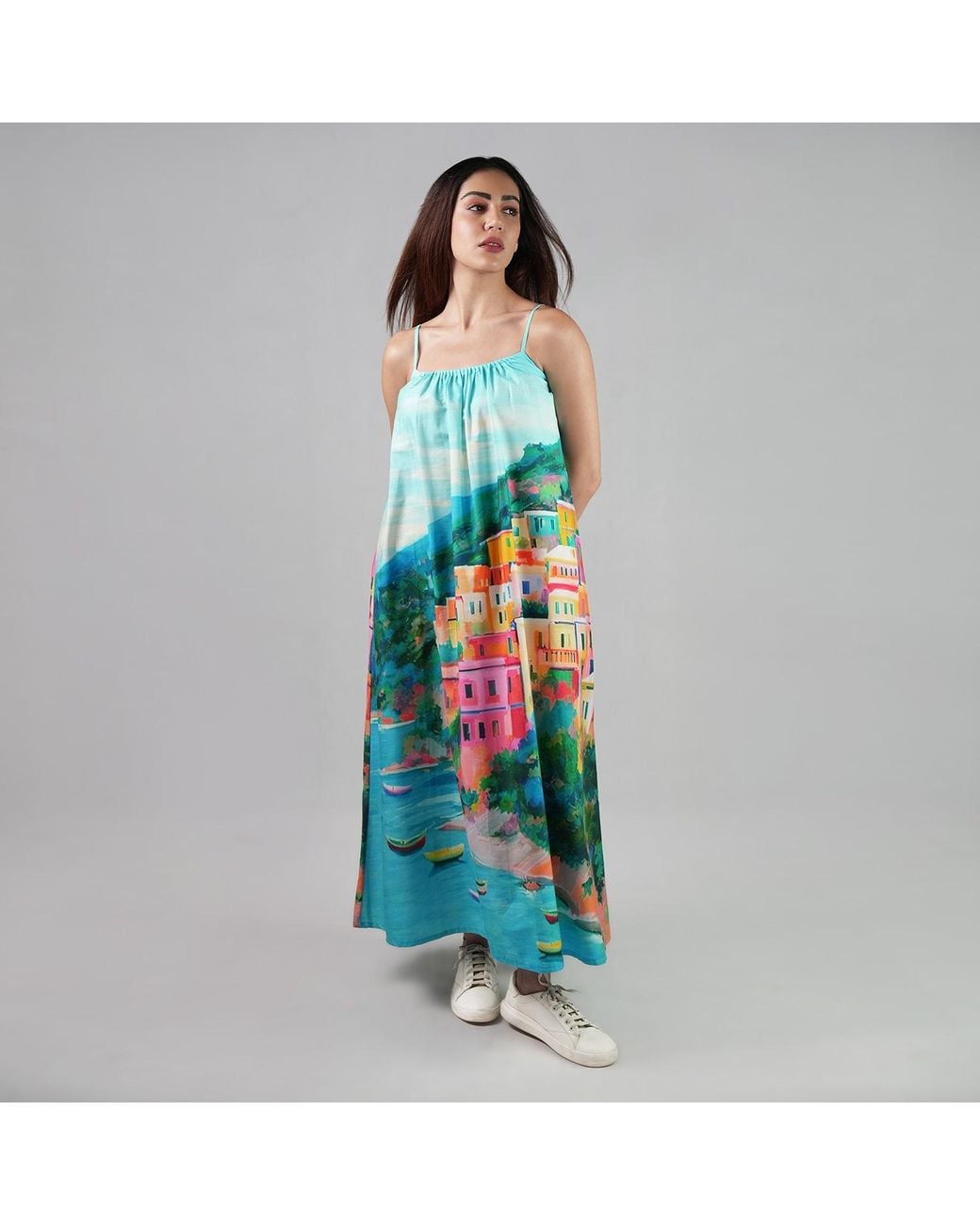 DHARA SHETH DUBAI Blue La Dolce Riviera Mediterranean Print Cotton Maxi Dress With Pockets