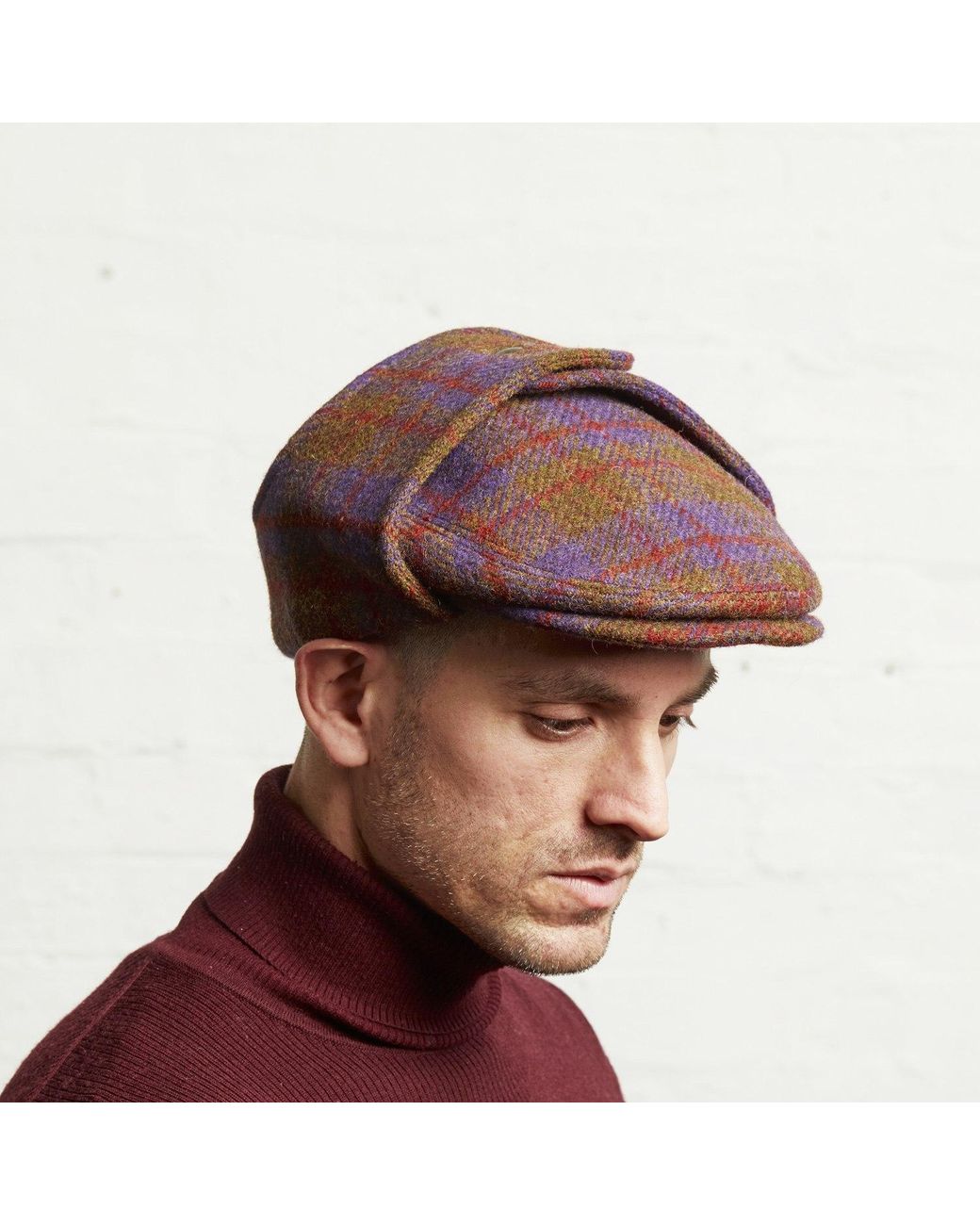 Dasmarca Hats Red Logan Grape Tweed Wool Checks Italian Cap With Earflaps Trapper for men