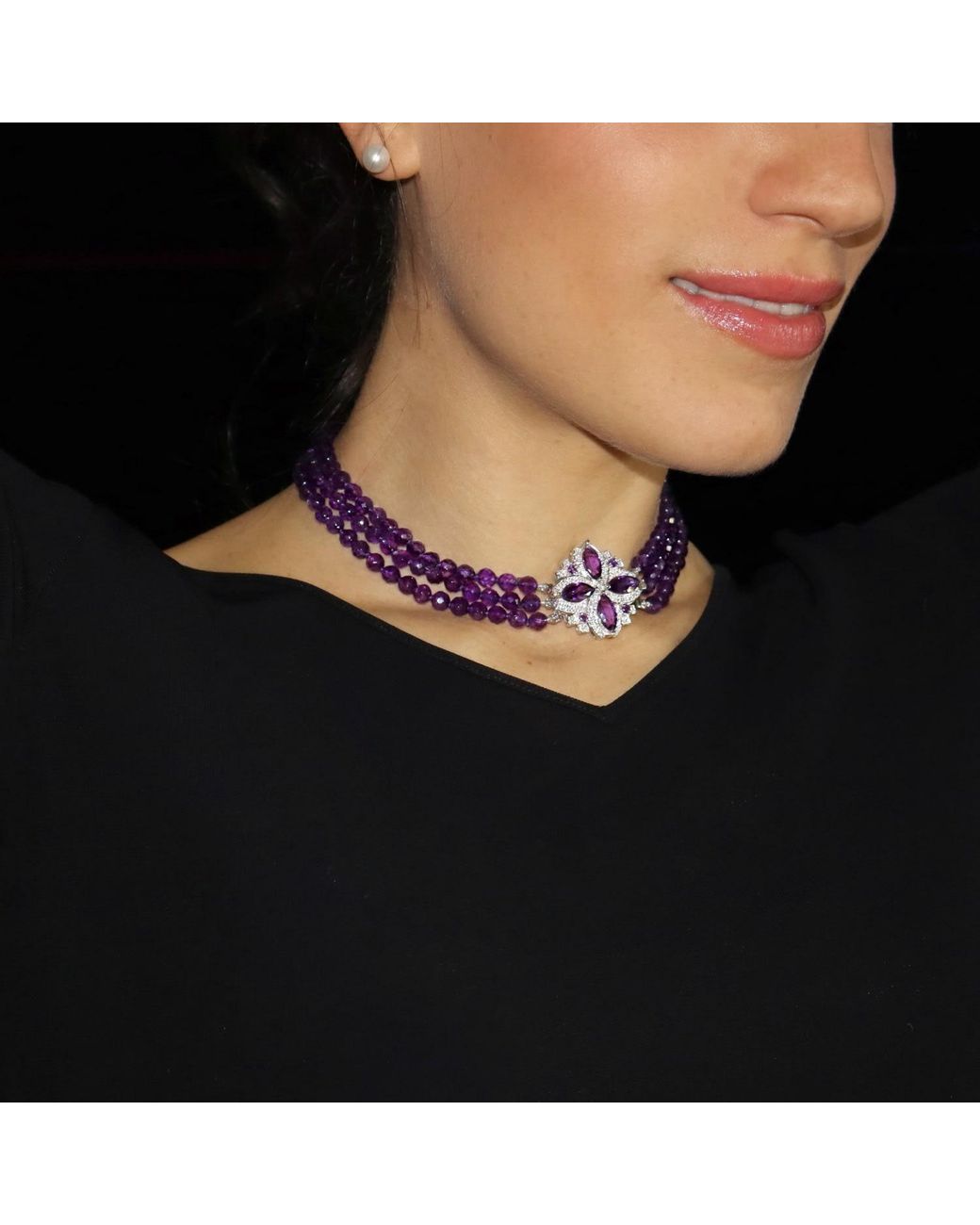 Mineralgems•Studio Purple Three-Strand Amethyst Choker With Front Jewel Clasp