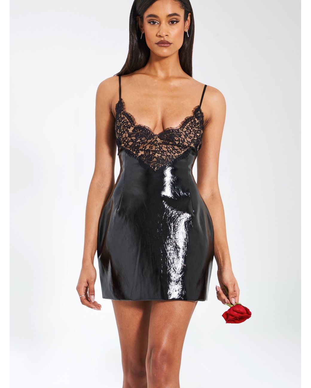 Miss Circle New York Black Shelby Vegan Leather With Lace Mini Dress
