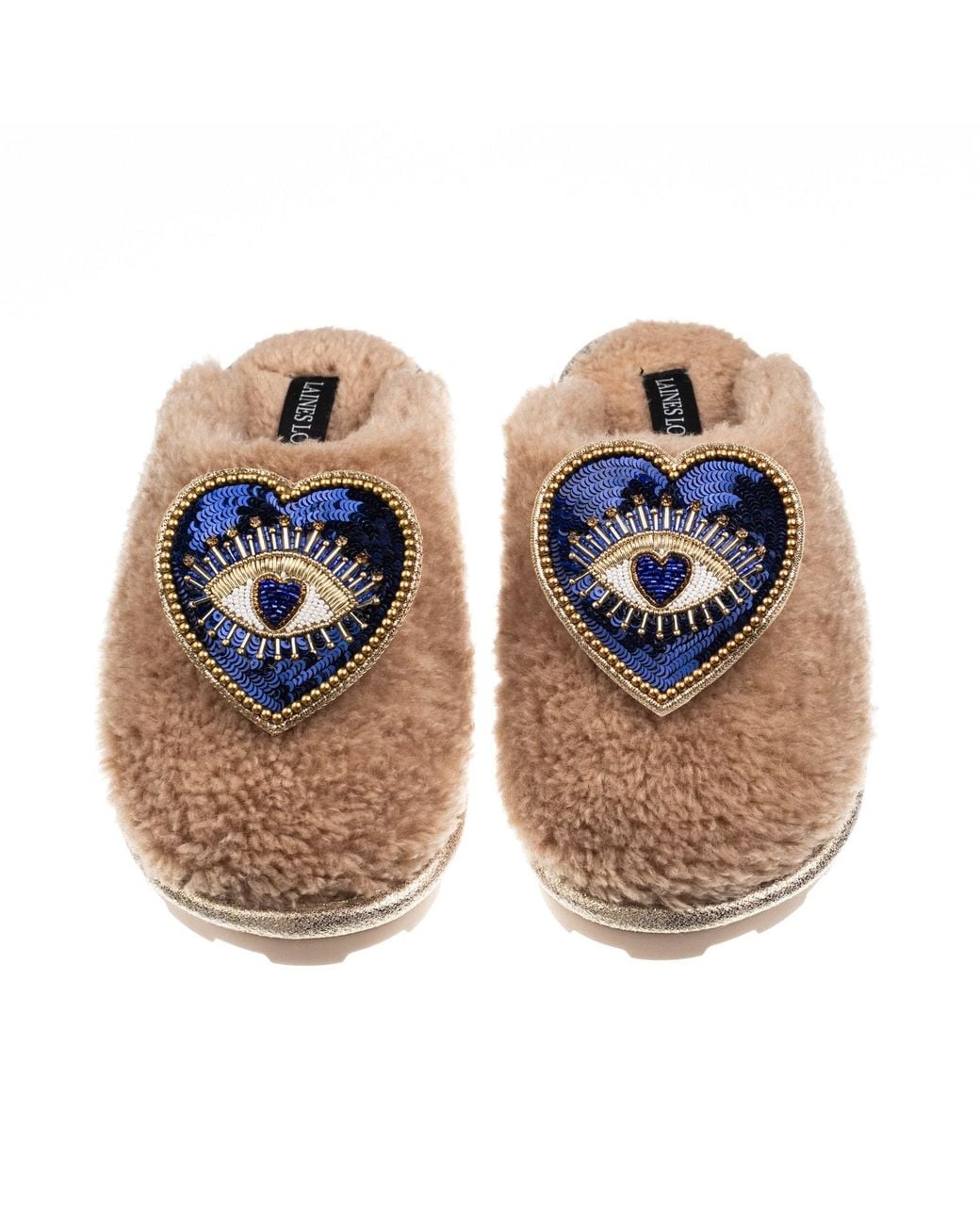 Laines London Blue Teddy Closed Toe Slippers With Double Heart Eye Brooches
