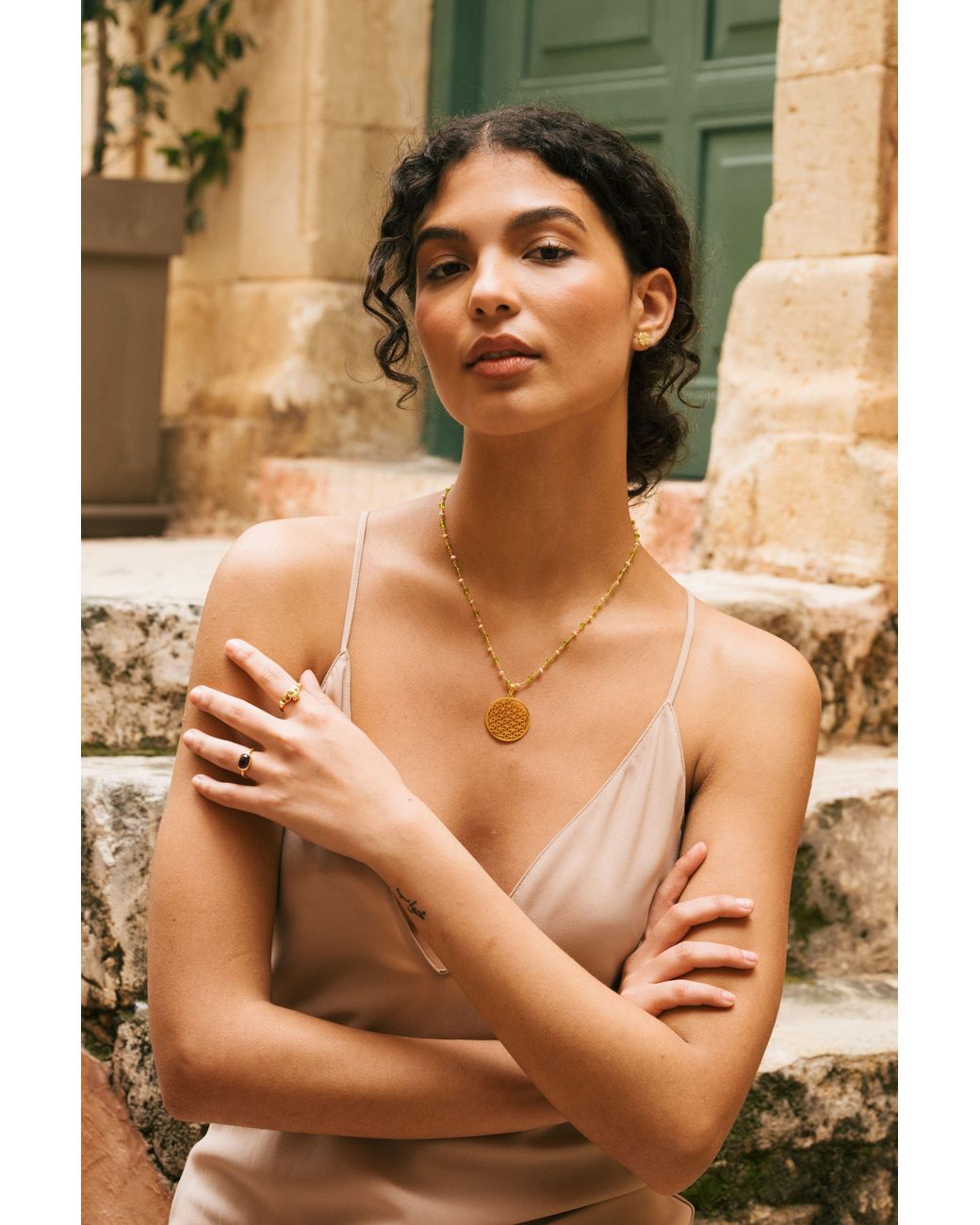 Seven Saints Metallic Divine Life Force Flower Of Life Necklace, Pearl And Peridot