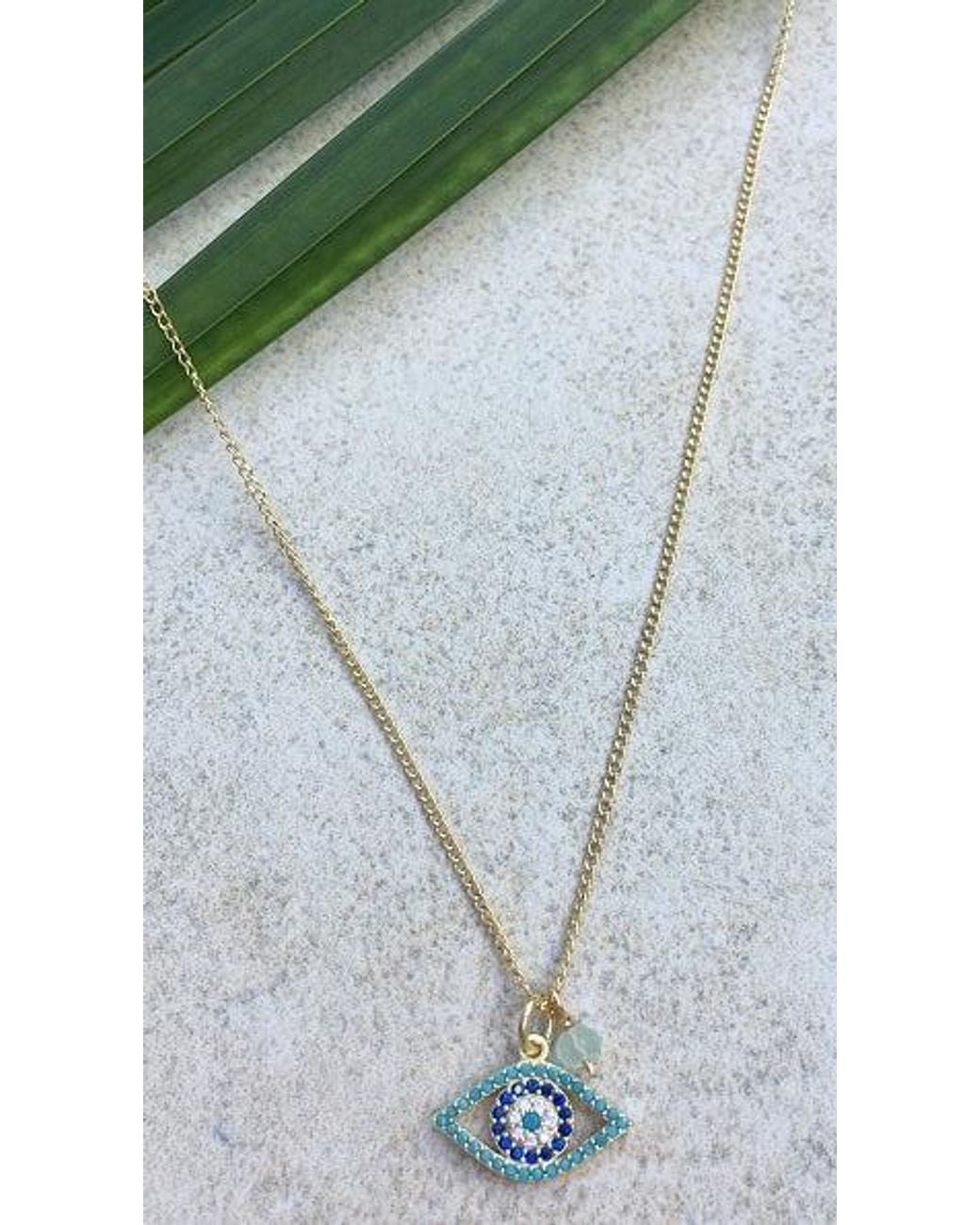 Lexi Jewelry Metallic Evil Eye Necklace With Cubic Zirconia & Aquamarine Colored Accents