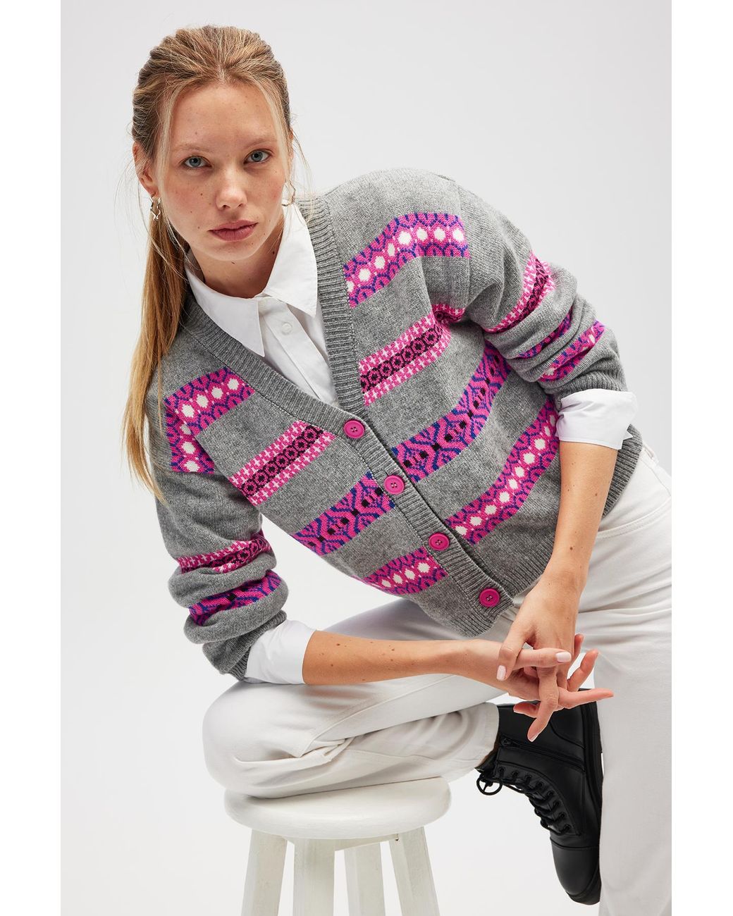 Peraluna Pink Sephora Jacquard Knit Cardigan