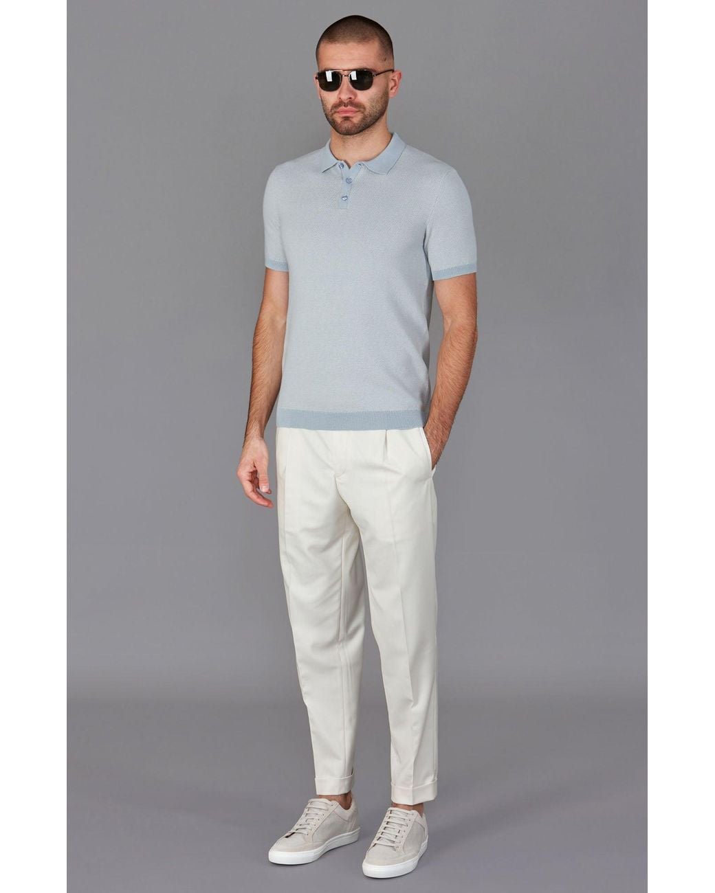Paul James Knitwear Blue Lightweight Cotton Pietro Two Tone Textured Polo Shirt for men