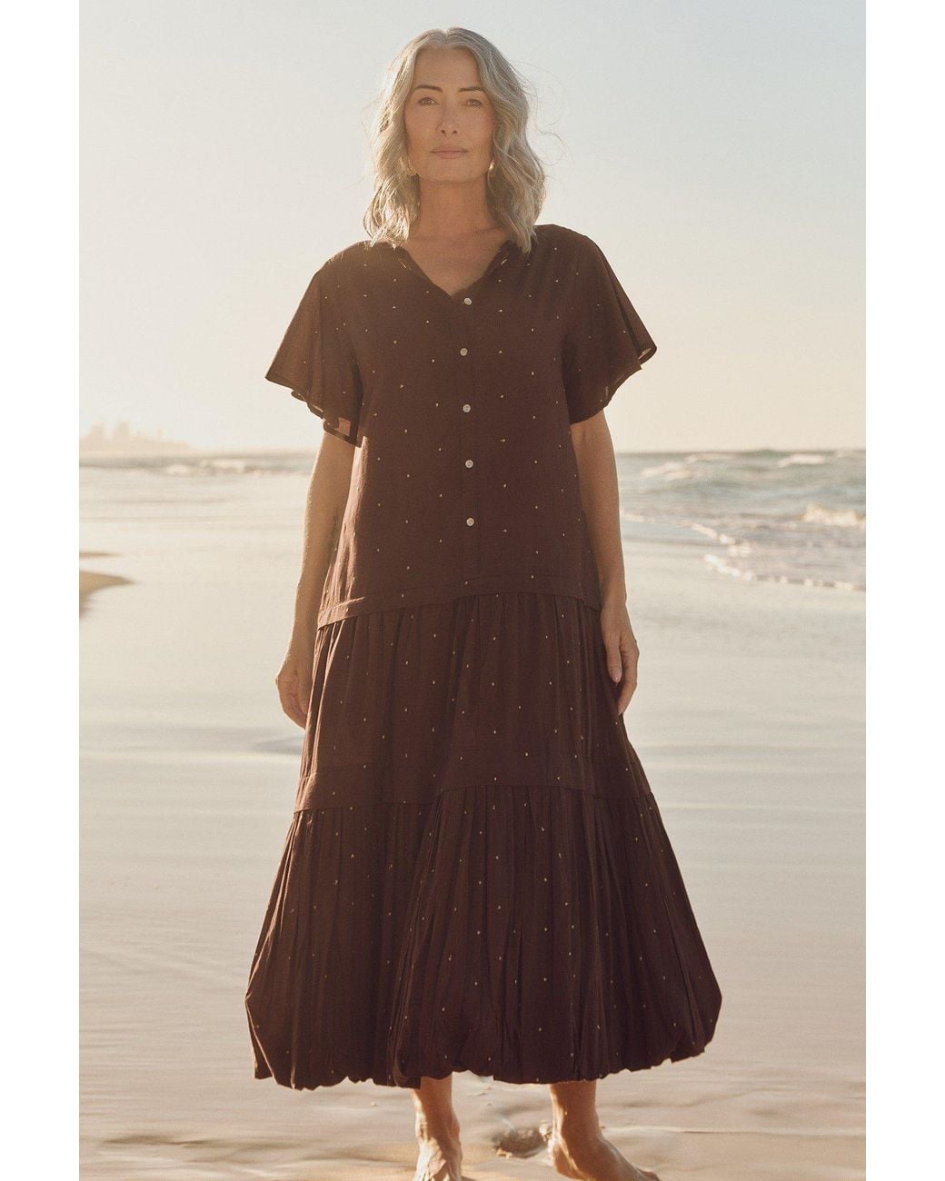 Adrift Clothing Brown Millie Reversible Flutter Sleeve Dress