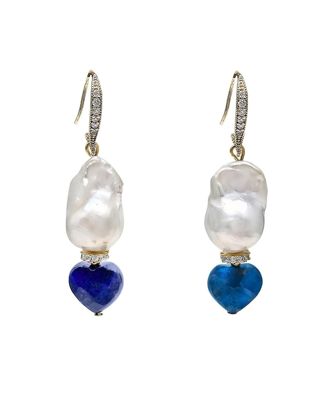 Farra Blue Baroque Pearls With Heart Shaped Lapis And Apatite Dangle Earrings