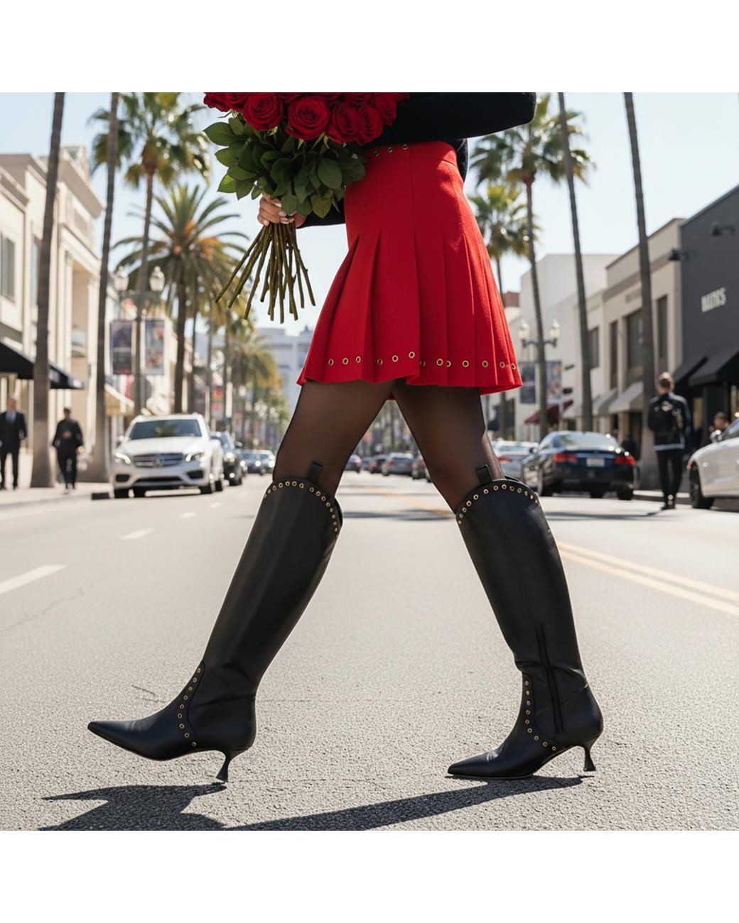 Beautiisoles by Robyn Shreiber Made in Italy Black Vanesa Leather Knee-High Boot With Studs & Kitten Heel Elegant For Work & Valentine Day