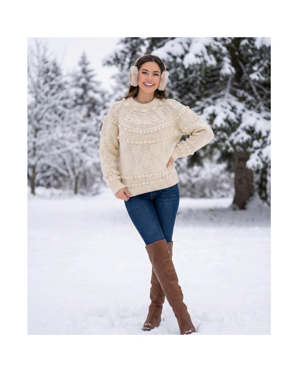 Saachi Natural Textured Pom Pom Sweater