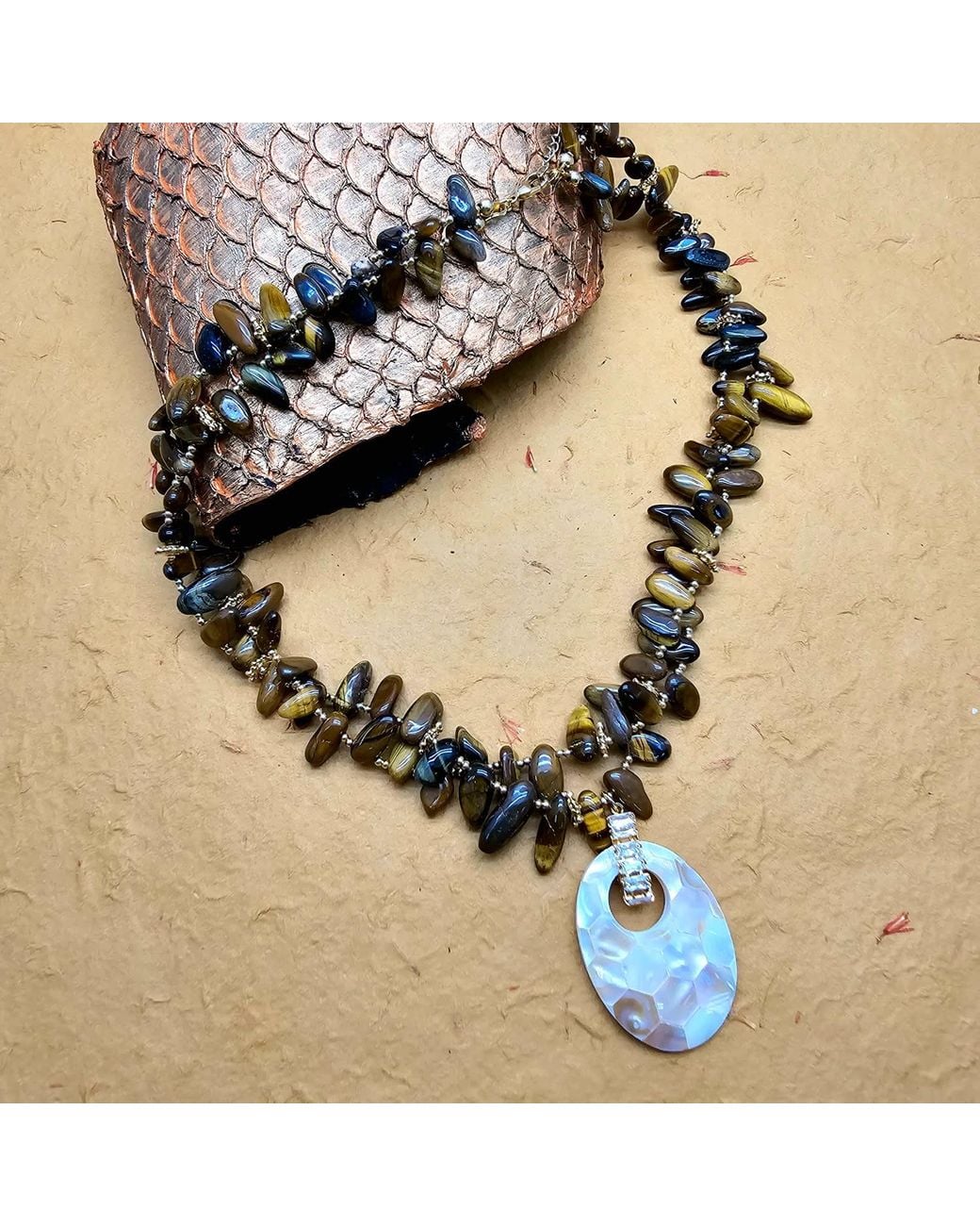 Farra Metallic Classical Tigereye With Shell Pendant Necklace