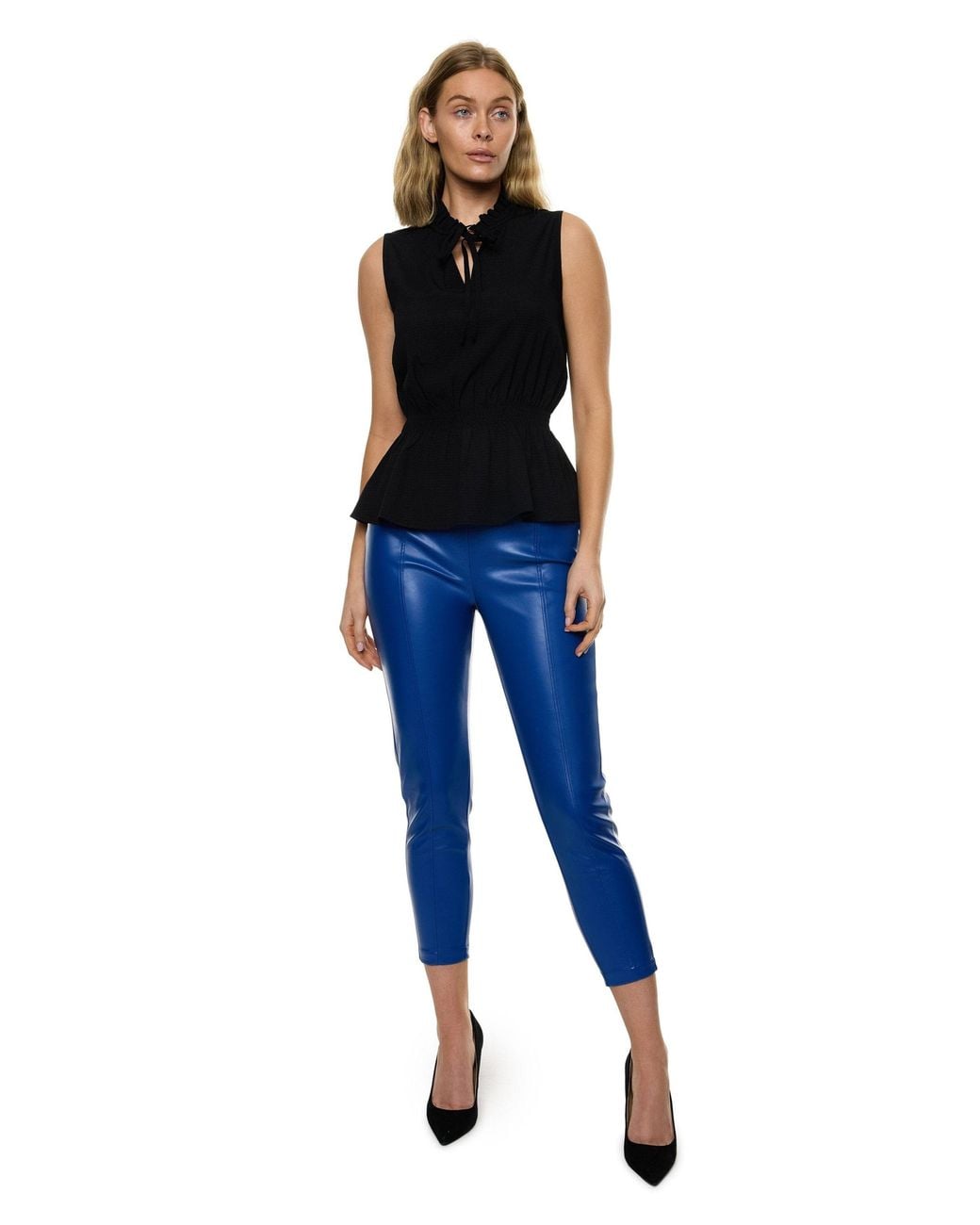 Carloslines Blue Front Neck Tie Smocked Waist Sleeveless Top