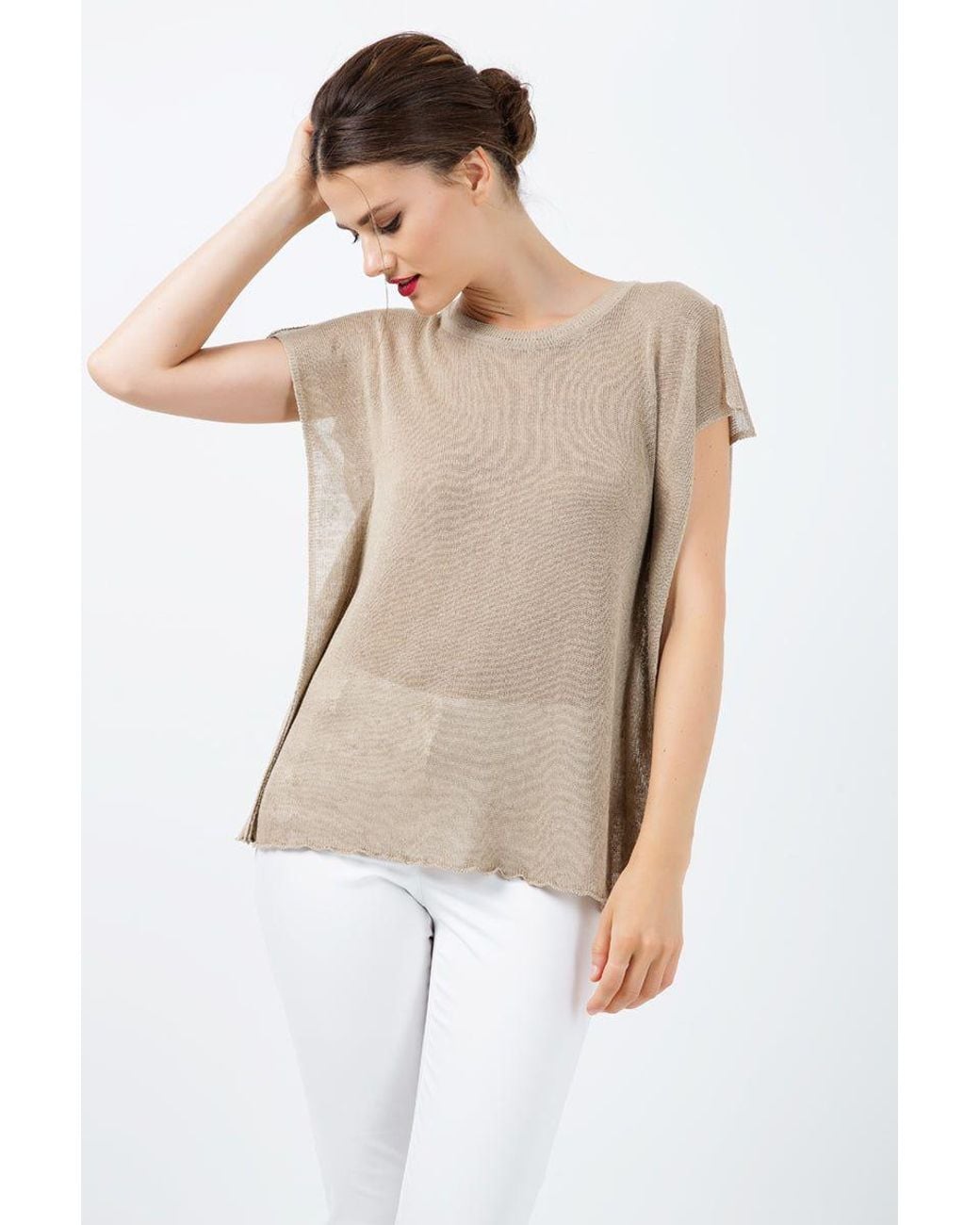 Conquista Natural Short Sleeve Semi Sheer Top With Shoulder Slits