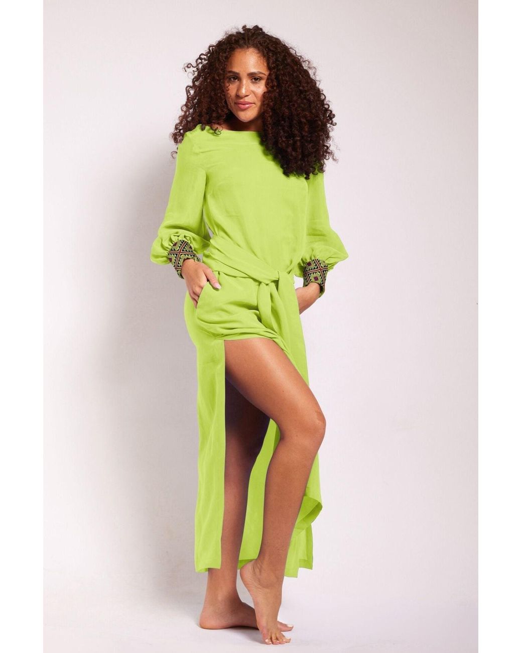 Yomisma Green Lotus Chiapas Embroidered Kaftan — Artisanal Handcrafted Resort Dress