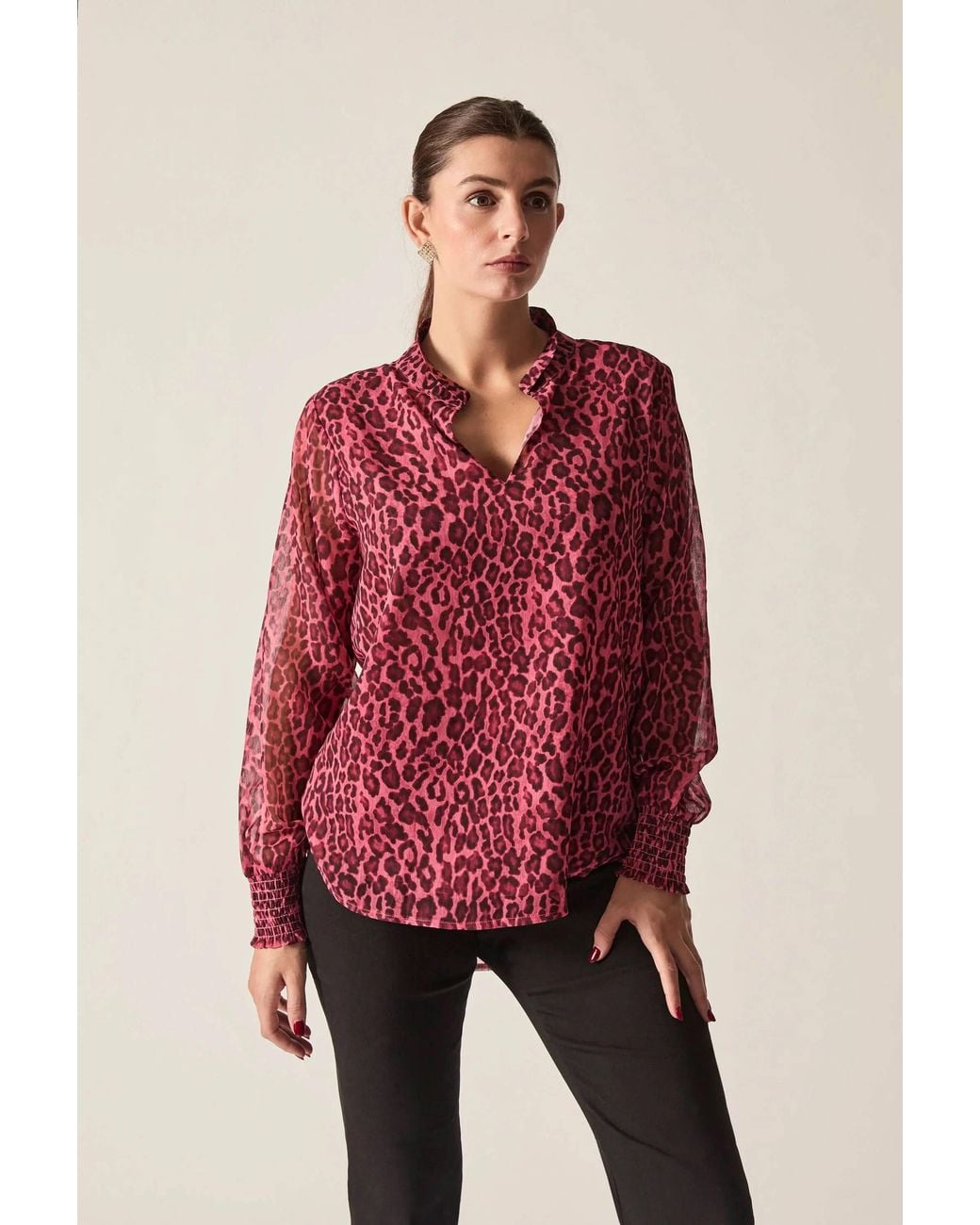 James Lakeland Red Raspberry Leopard-Print Sheer-Sleeve Blouse