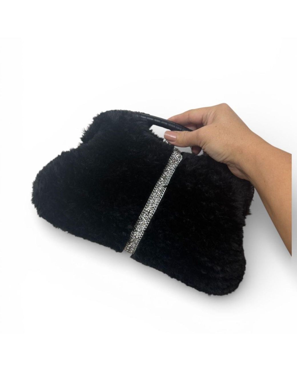Springmoonatelier Black Handmade Plush Clutch Bag With Crystal Accent – Limited Edition Winter Luxury