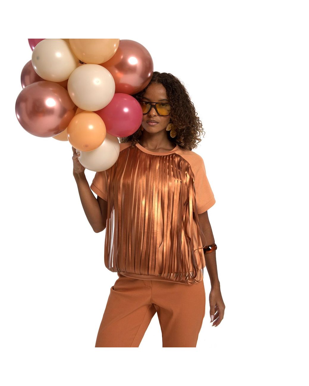 Lalipop Design Brown Neutrals Color Blouse With Laser-Cut Vegan Leather Fringes