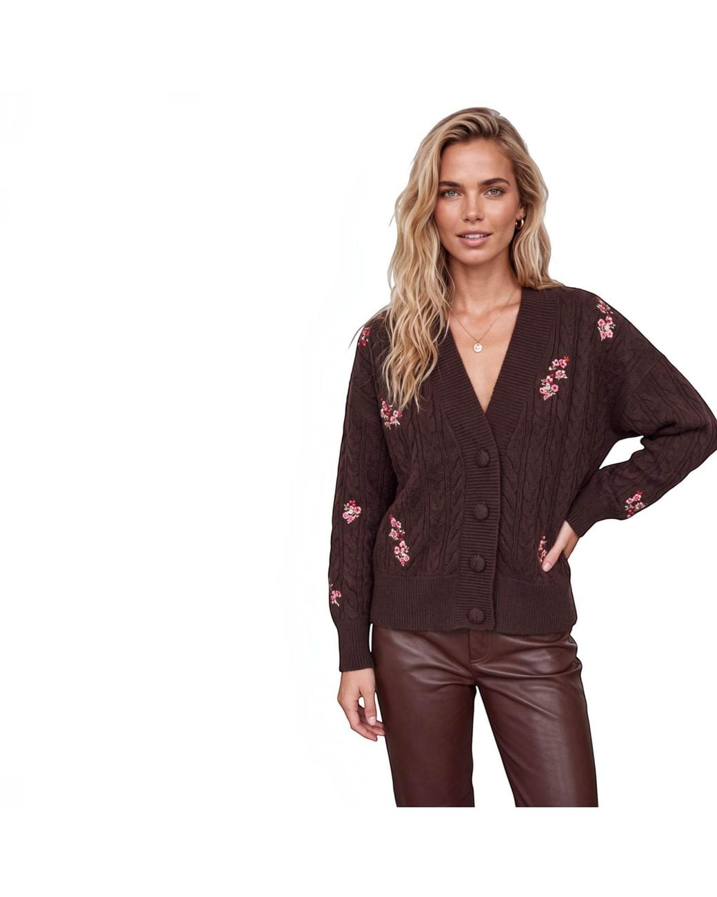 Brodie Cashmere Brown Flower Cable Cardi