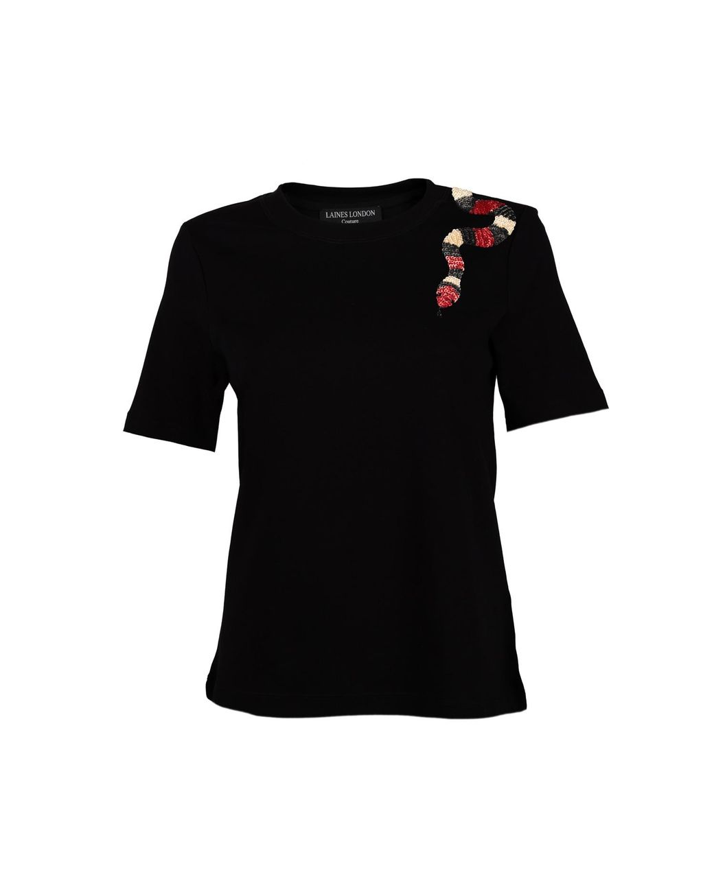 House of Laines London Black Laines Couture Embellished Shoulder Snake T-Shirt