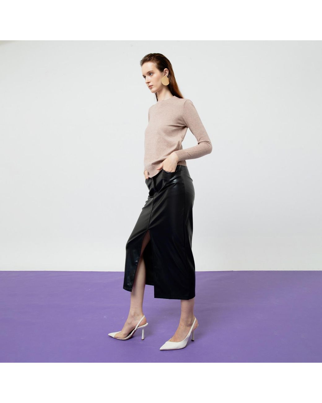 Ats the Label Black Dahlia Faux Leather Midi Skirt
