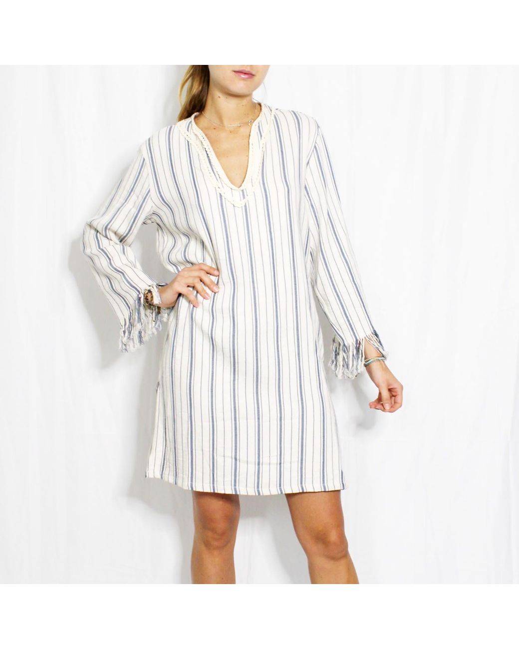 Boutique Kaotique White Moroccan Beach Cover Up Dress Kaftan Stripes