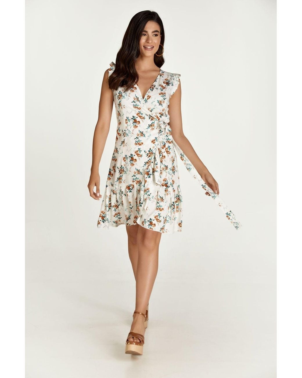 Conquista White Neutrals Ecru Floral Wrap Dress