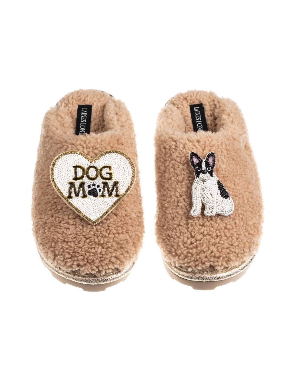 Laines London Natural Neutrals Teddy Closed Toe Slippers With Dog Mum/Mom & Sitting French Bulldog