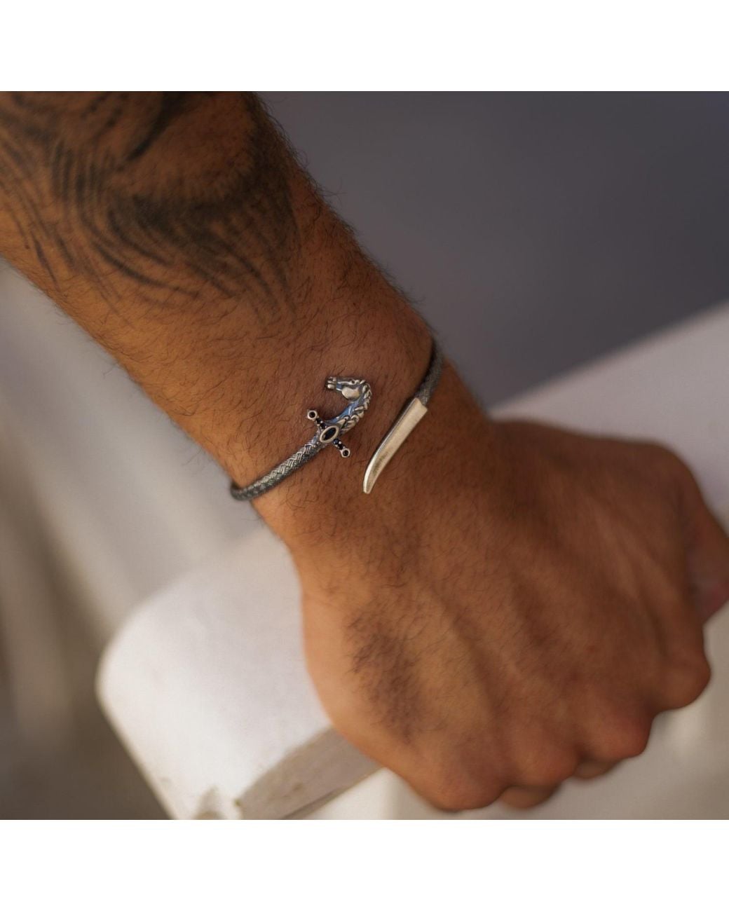 Ebru Jewelry White Warrior Horse Saber Oxidized Sterling Wrap Bracelet for men