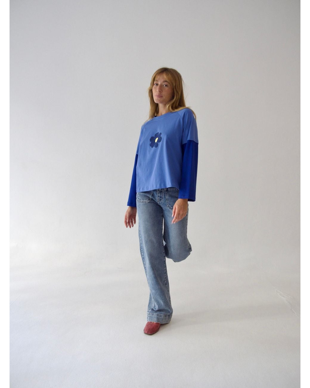 Mind Traveler Blue Double Sleeve Cropped Aria T-Shirt With Flower Detail