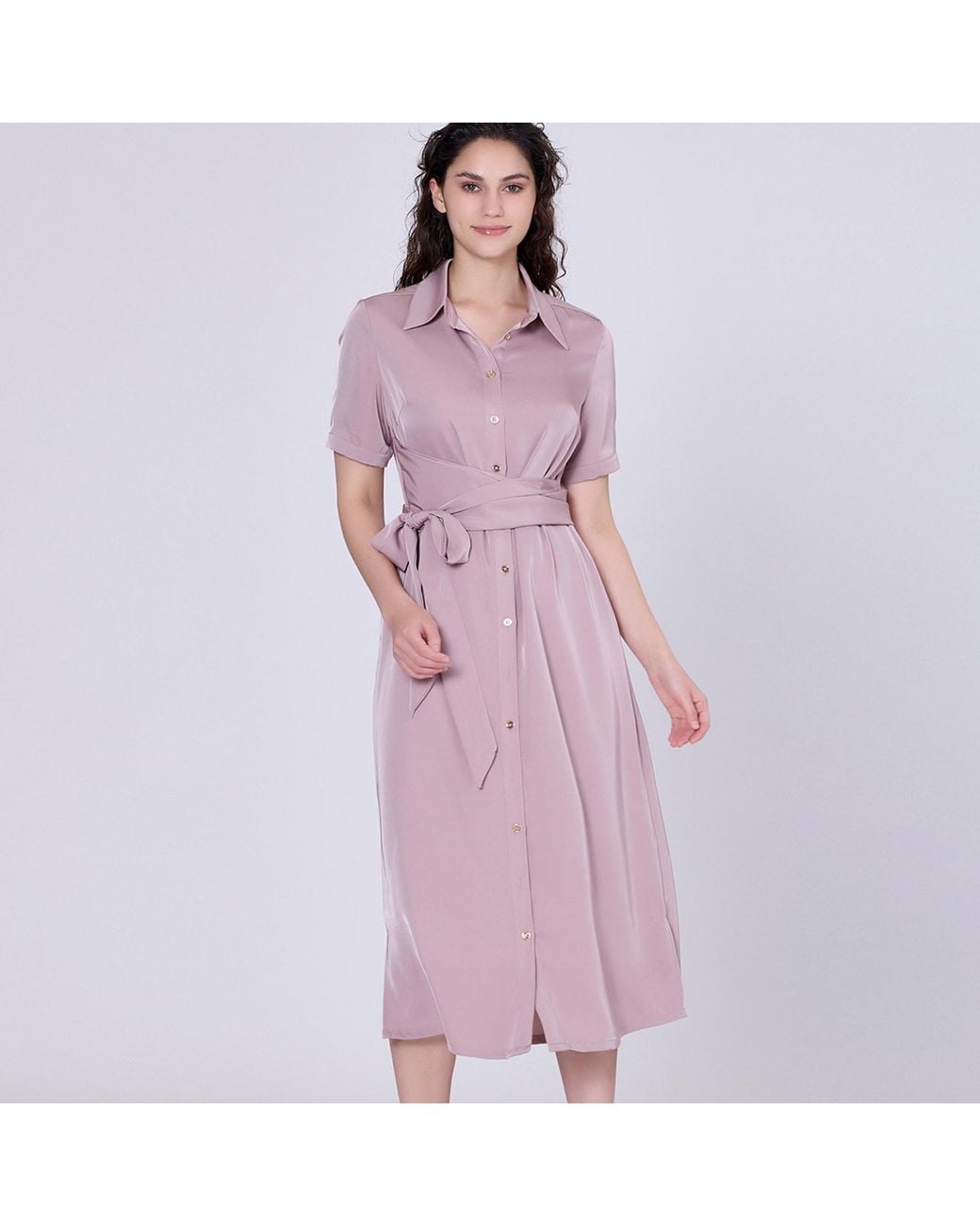 Smart and Joy Purple Mat Satin Midi Shirt Dress