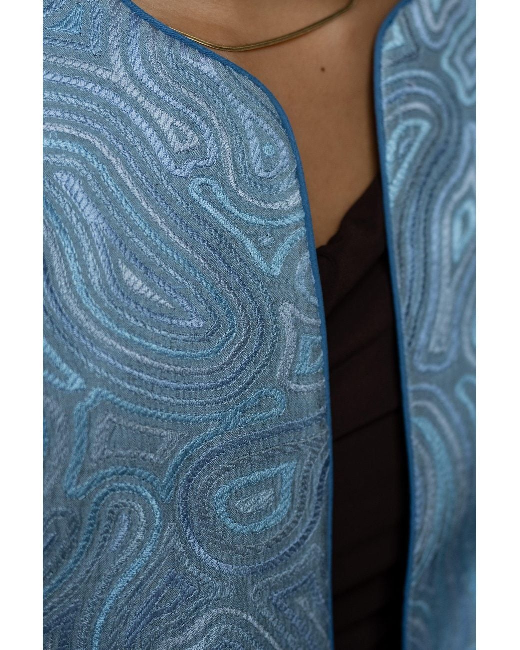 Stovaria Blue Tonal Embroidered Pure Silk Statement Jacket