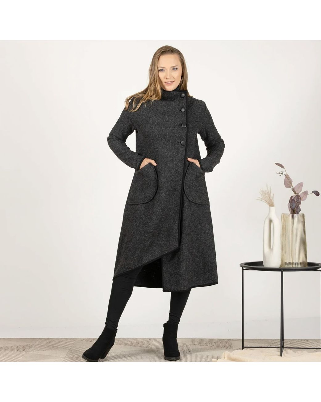 Nikka Place Black Asymmetrical Boiled Wool Cardigan With Buttons And High Neck