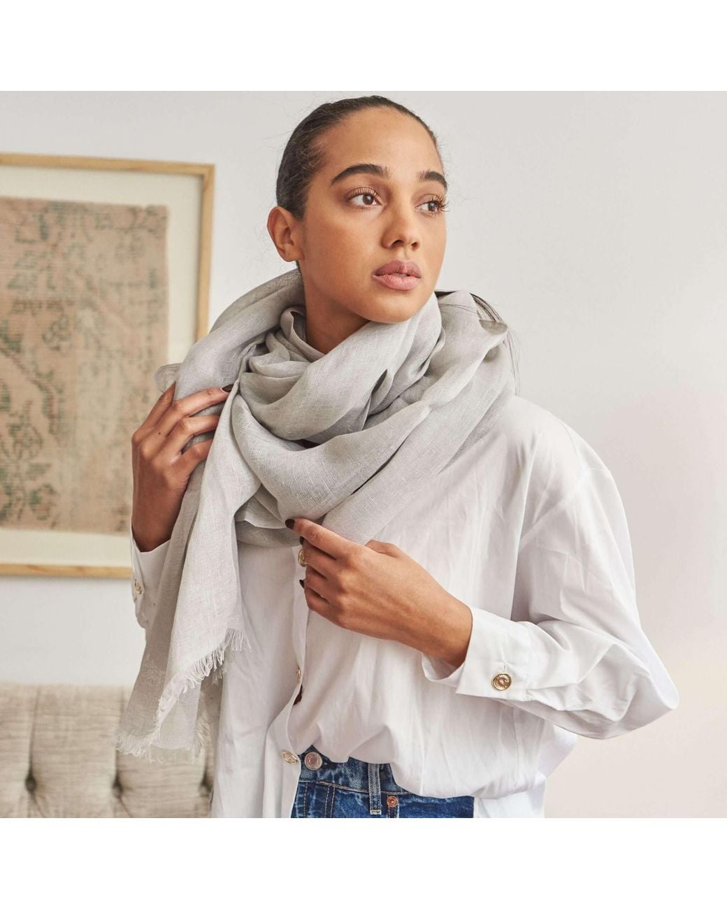 Variously White Pebble Light Hand Woven Soft Linen Scarf