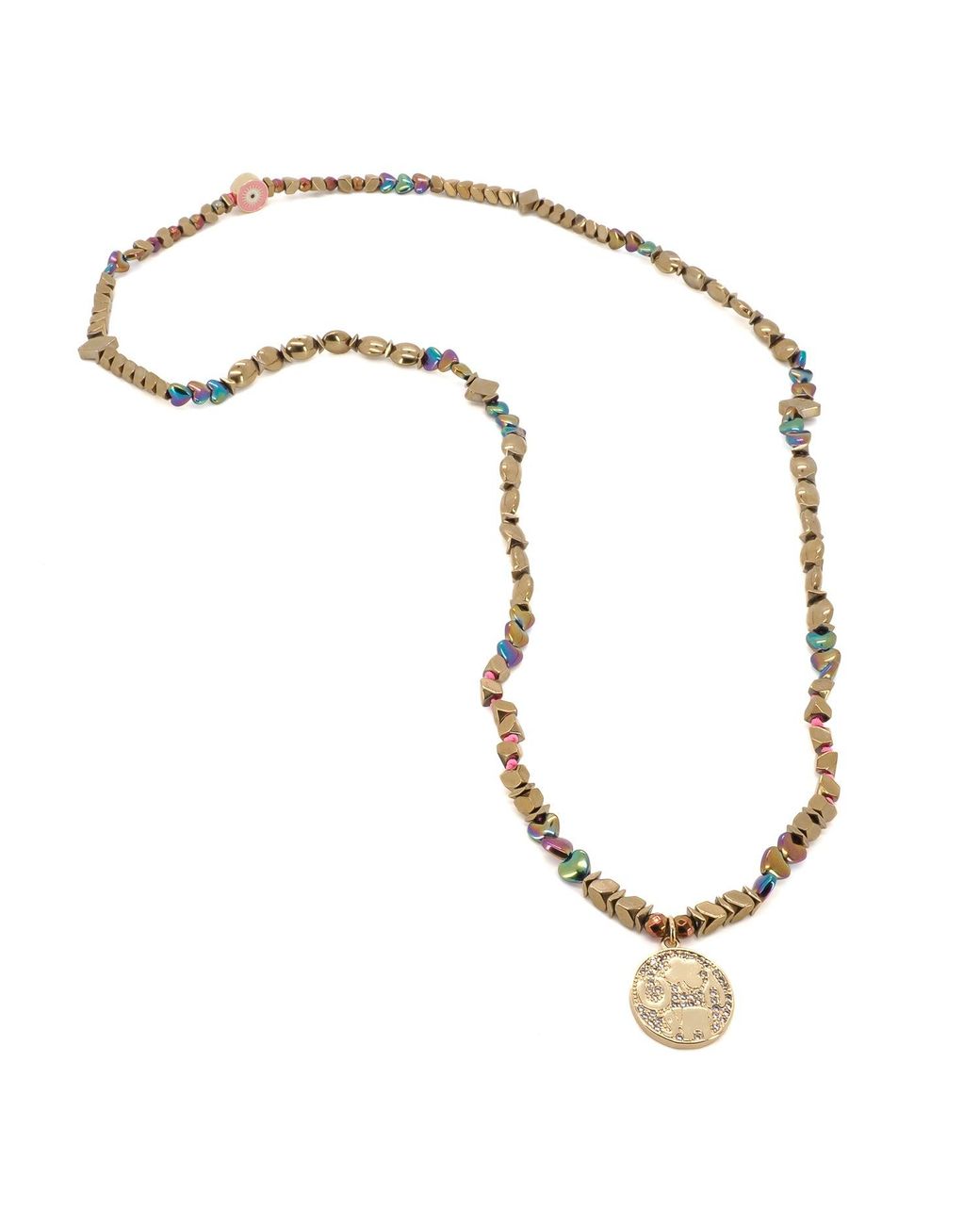 Ebru Jewelry Metallic Good Luck Symbol Design Pendant Hematite Beaded Necklace
