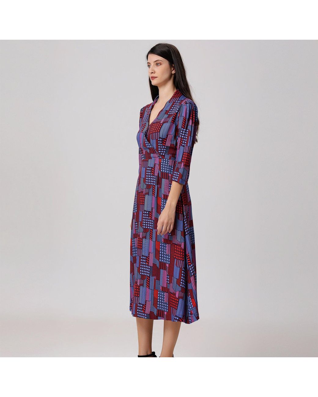Smart and Joy Purple Geometric Print Viscose Wrap Midi Dress