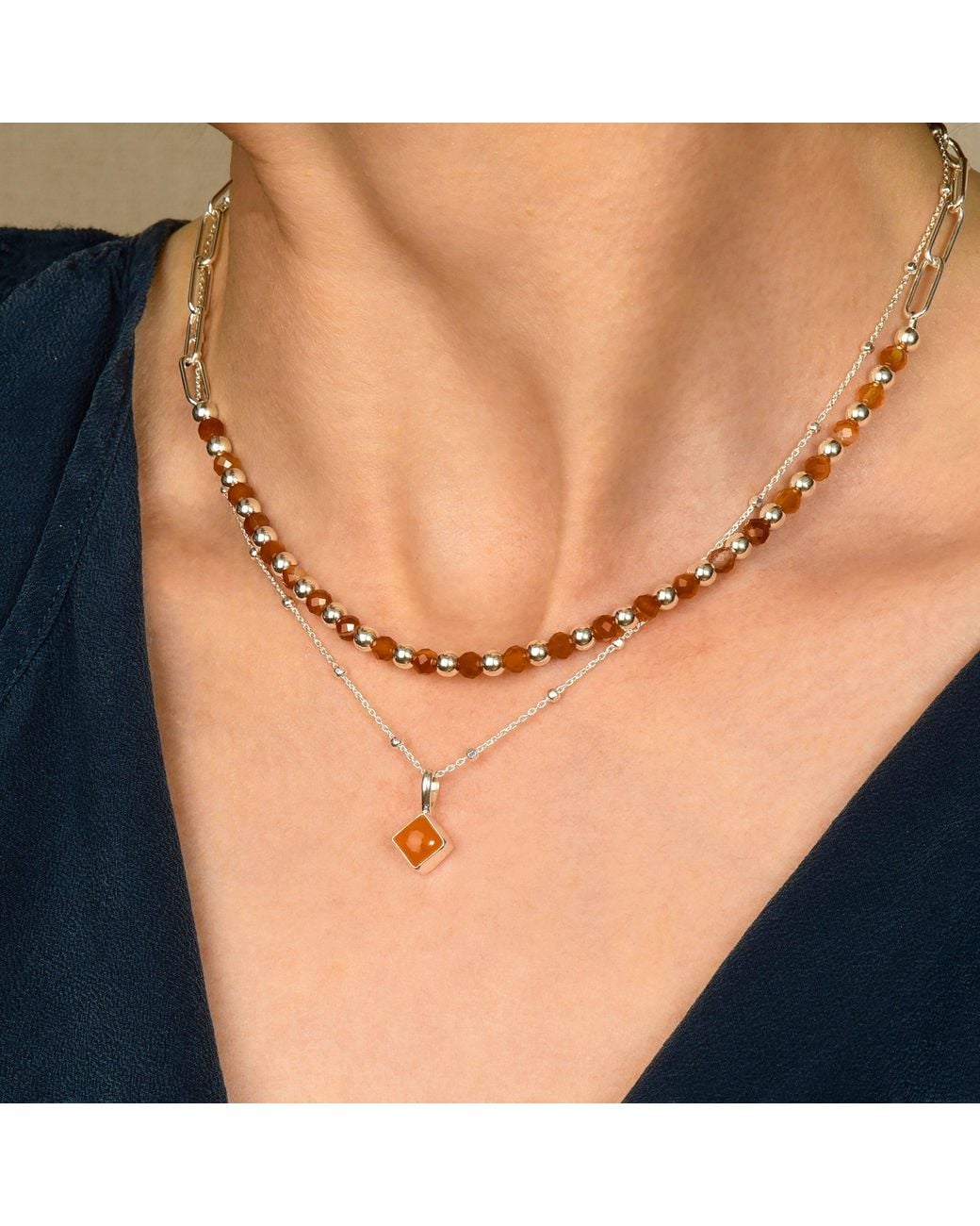 Nellou Jewellery Metallic Diamond Carnelian Necklace Birthstone July Sterling