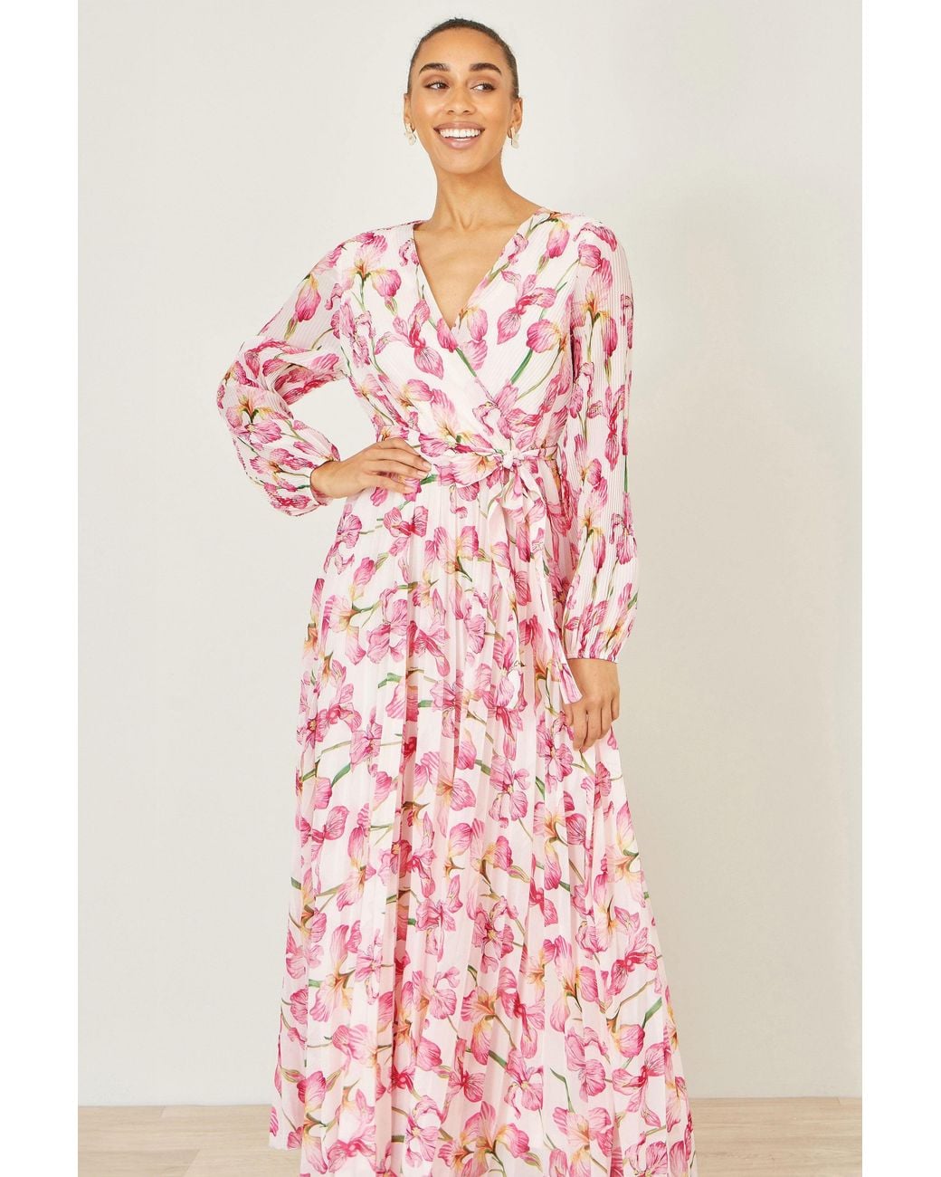 Yumi' Pink Neutrals Orchid Floral Pleated Wrap Maxi Dress