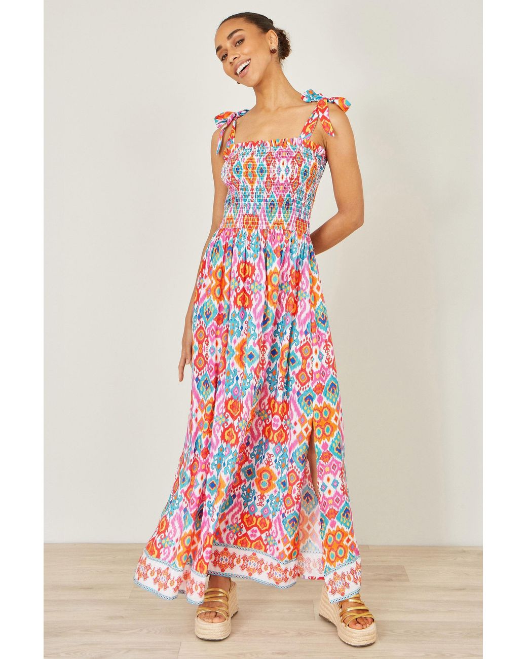 Yumi' Red Multicolour Ikat Print Maxi Viscose Sun Dress