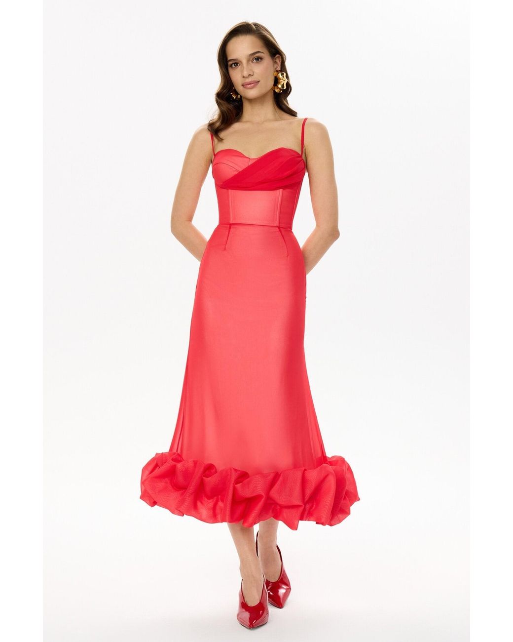 POST MERIDIEM Red Draped Bodice Bottom Flounced Bustier Dress