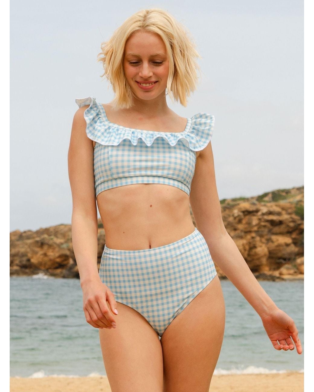Lime Ricki Swimwear Blue Sky Gingham High-Waist Bottom