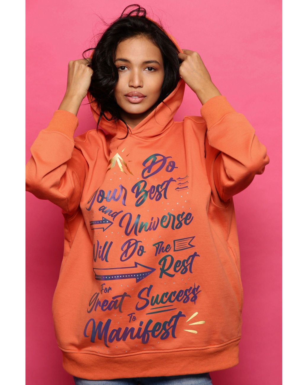Miracles Manifester Orange Inspirational Affirmation Hoodie With Reflective & Rhinestone Design