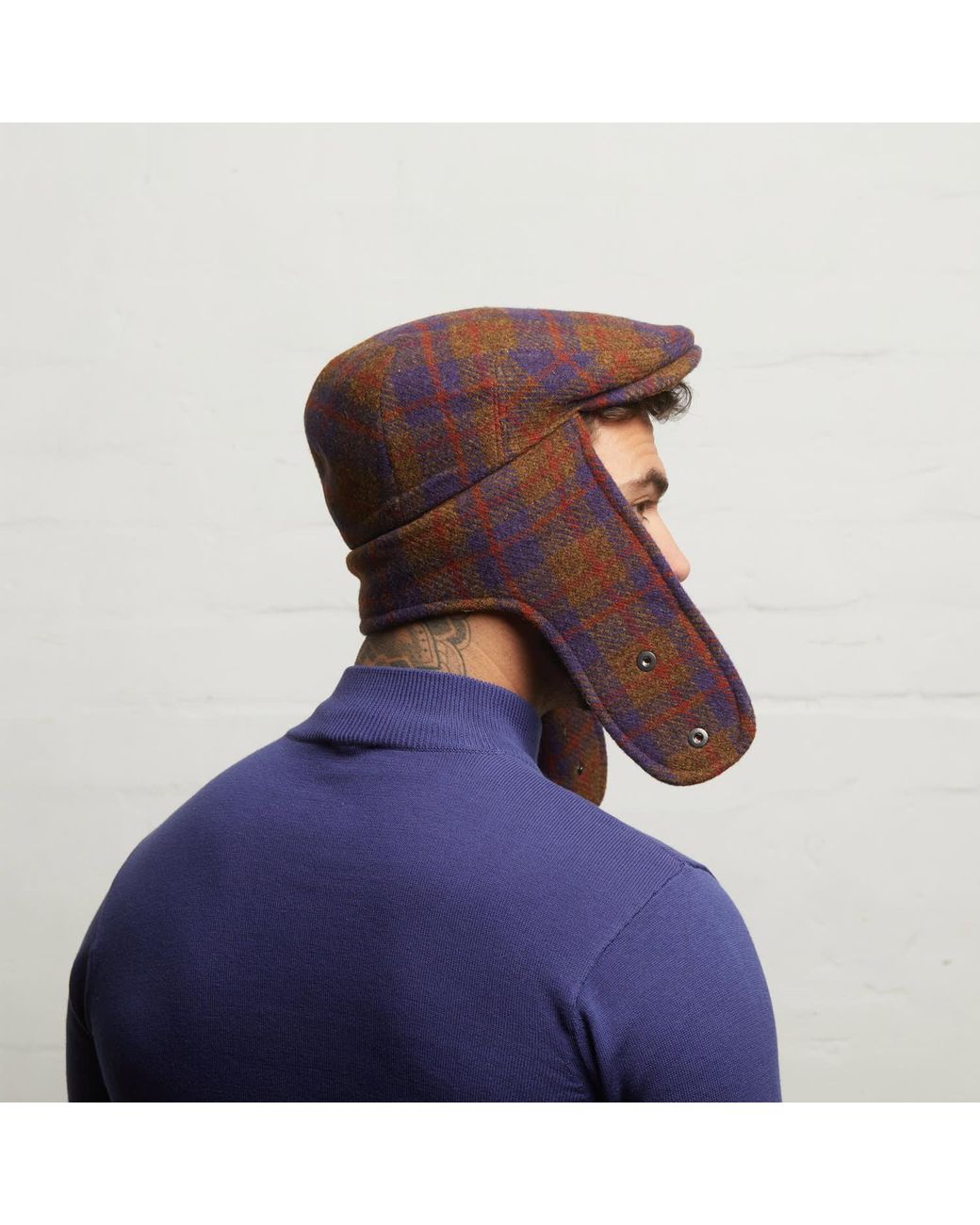 Dasmarca Hats Red Logan Grape Tweed Wool Checks Italian Cap With Earflaps Trapper for men