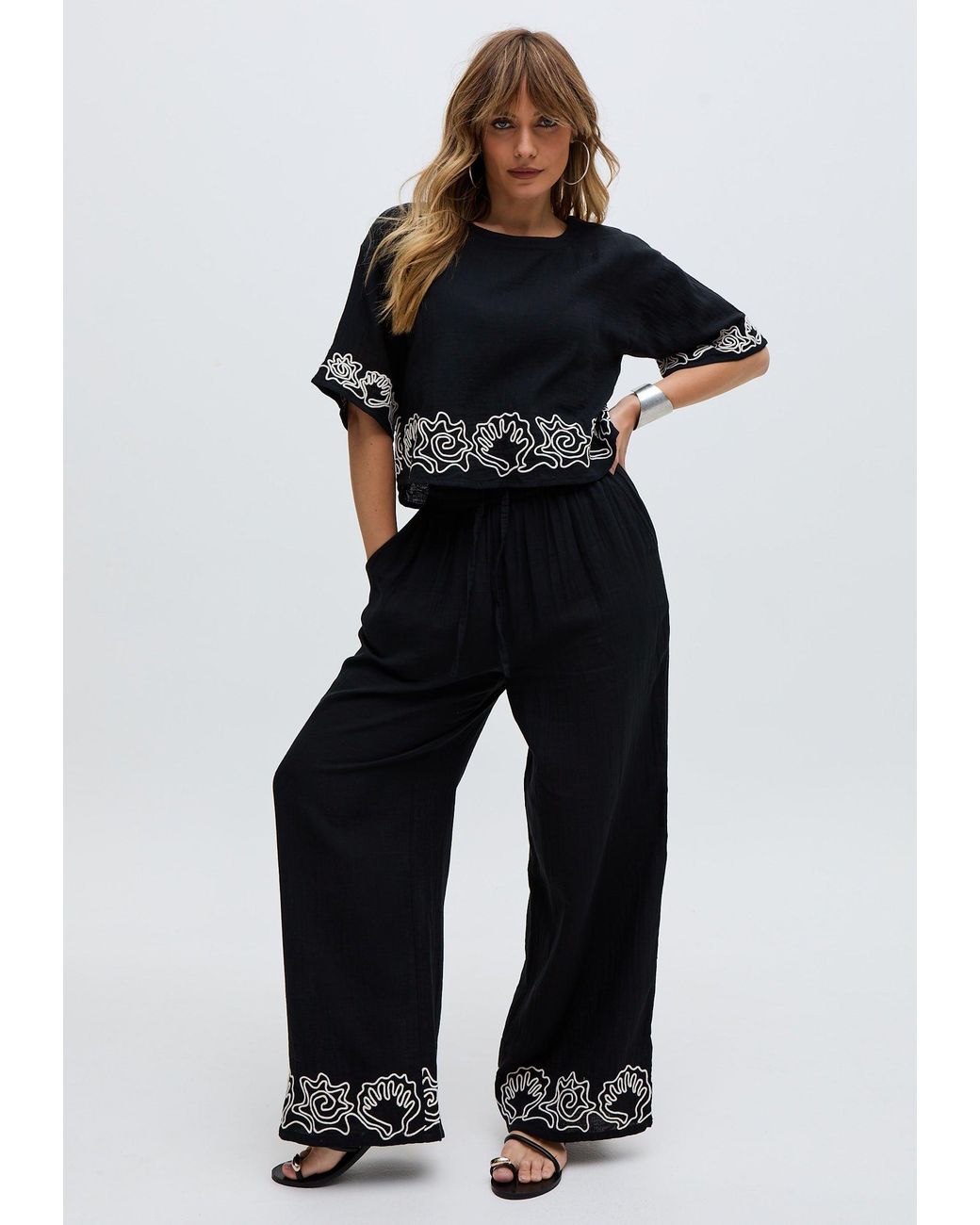 Raffya Black Milly Embroidered Split Open Back Blouse