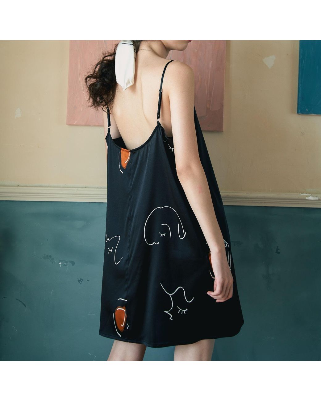 NOT JUST PAJAMA Black The Dream Art Printed Silk Dress