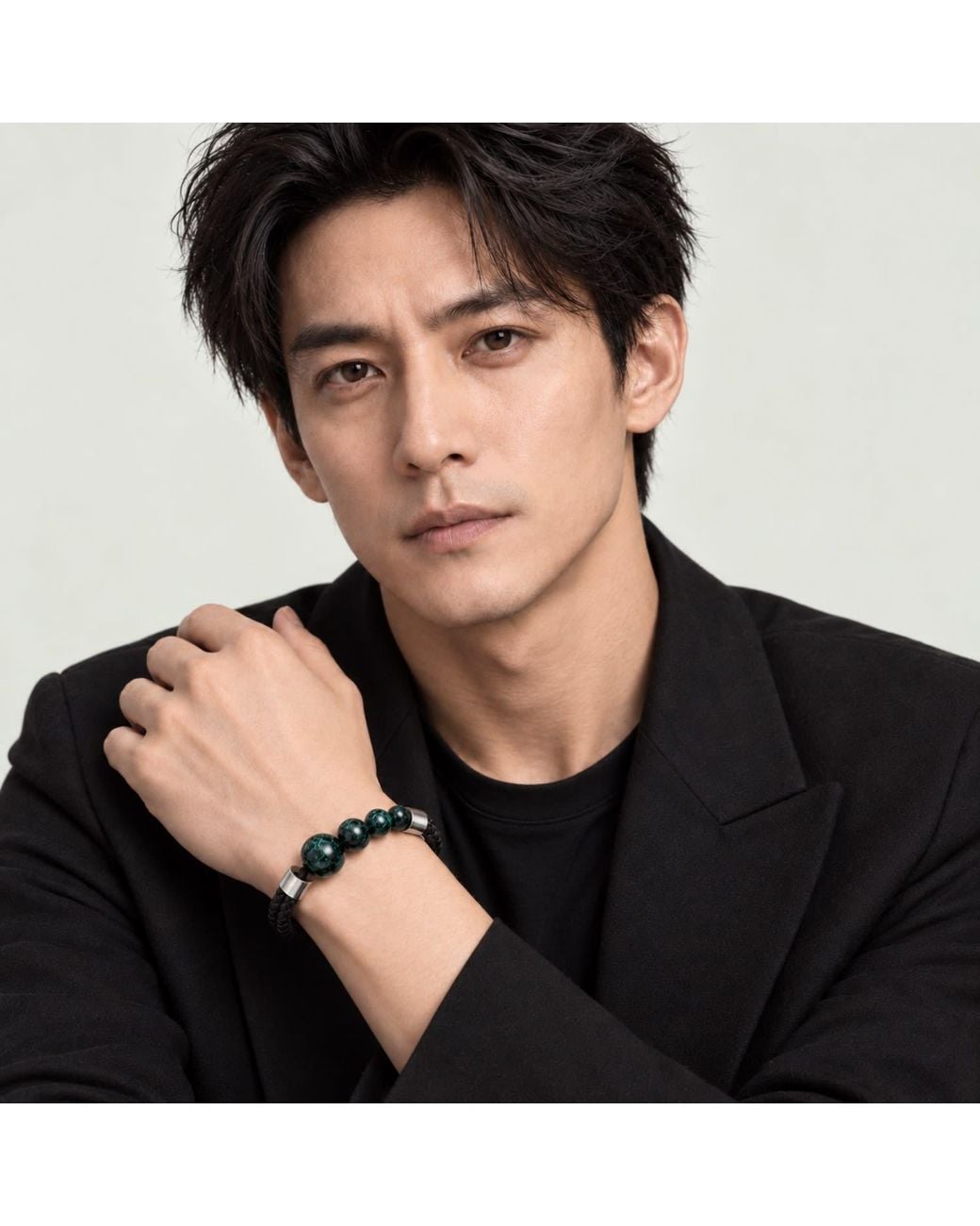 Yieon Black Aurora Lacquered Sandalwood Bead & Leather Bracelet