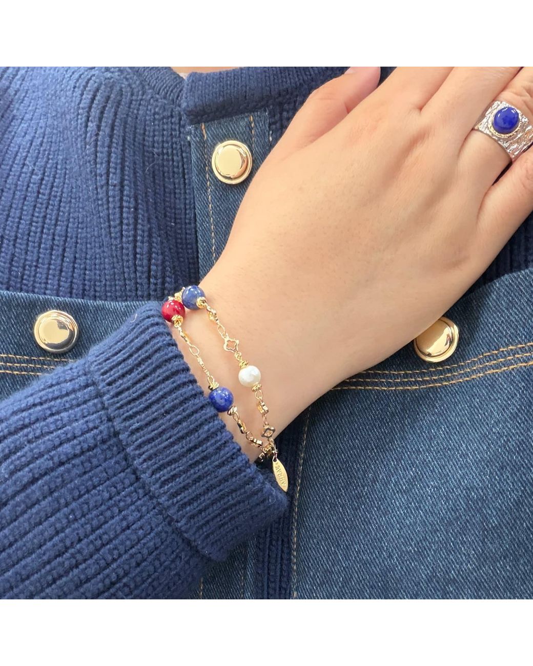 Farra Blue Lapis Bamboo Coral And Pearl Double Layer Chain Bracelet