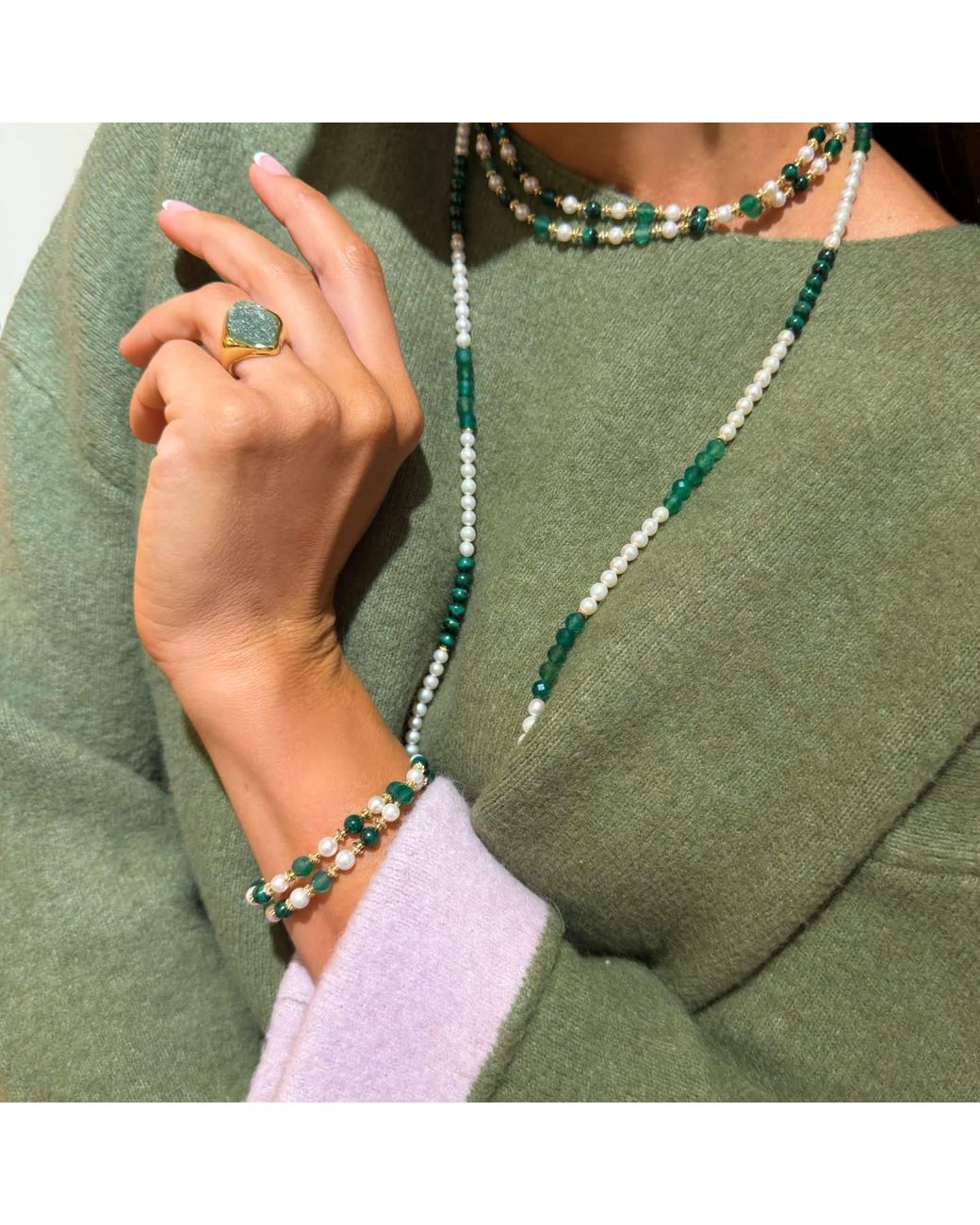 Farra Green Gemstone With Freshwater Pearl Double Layers Bracelet
