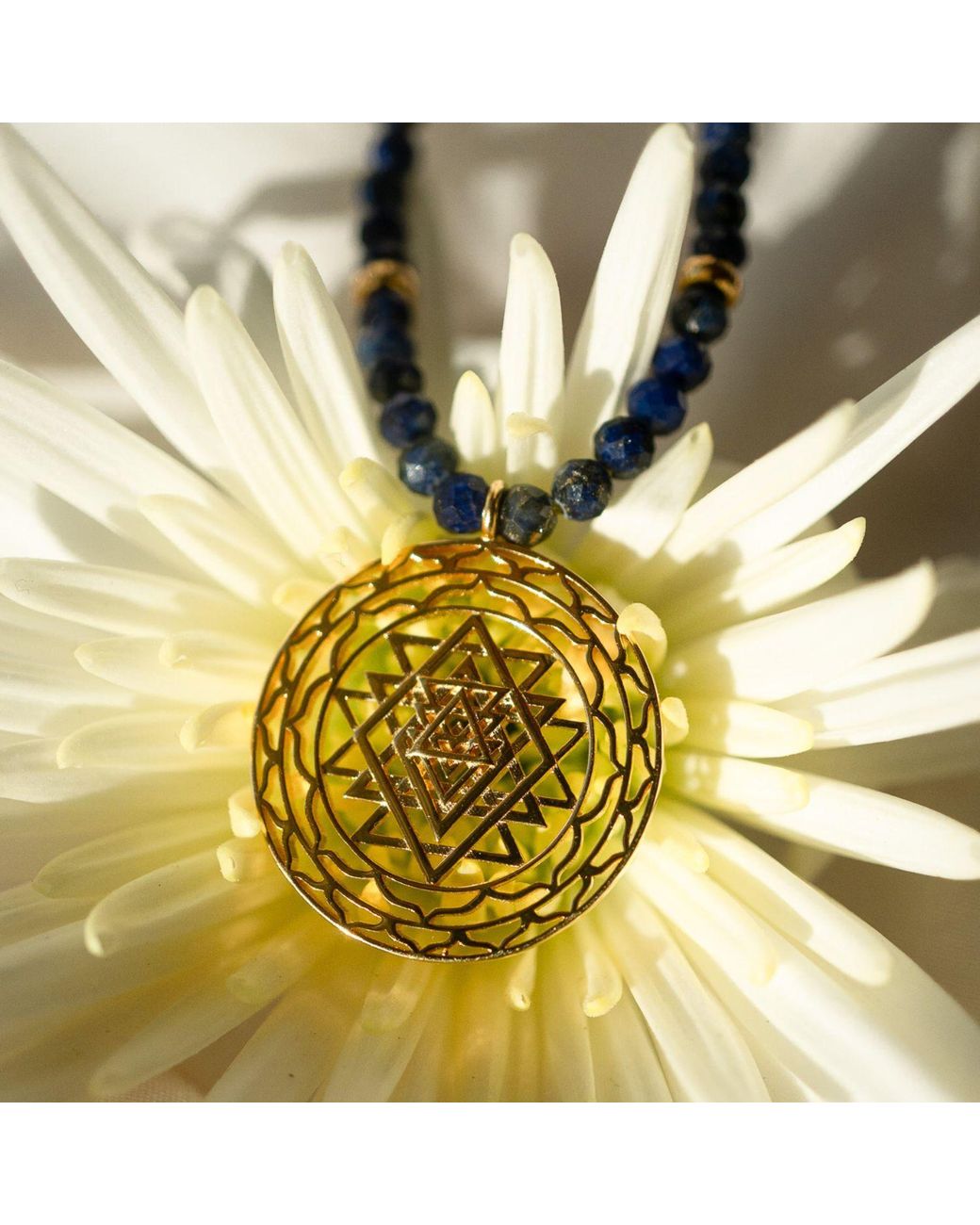 Seven Saints Metallic Sri Yantra Protection & Peace Necklace, Lapis Lazuli